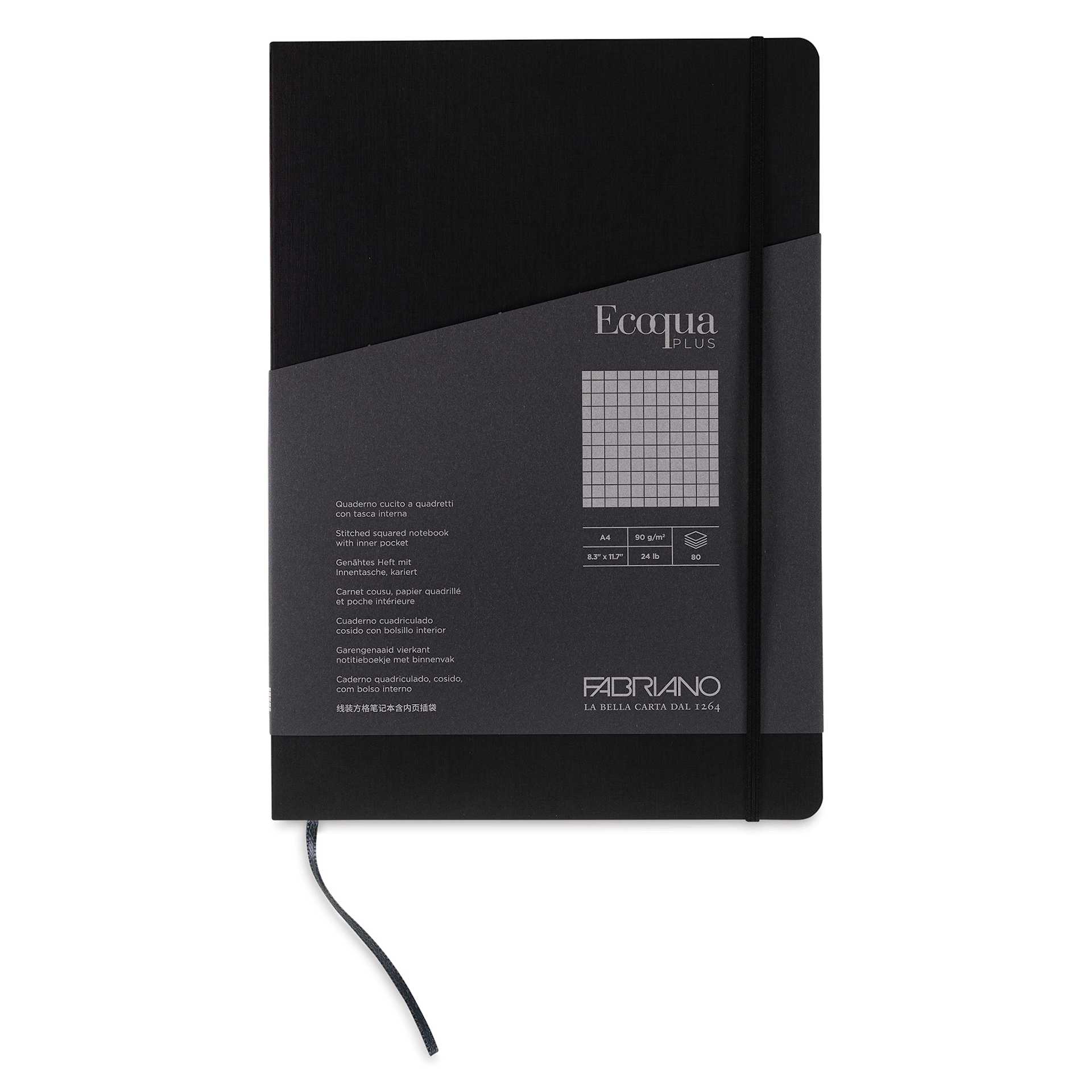 Fabriano EcoQua Plus Stitch-Bound Notebook - Black, 8-1/4" x 11-3/4", Grid, front cover