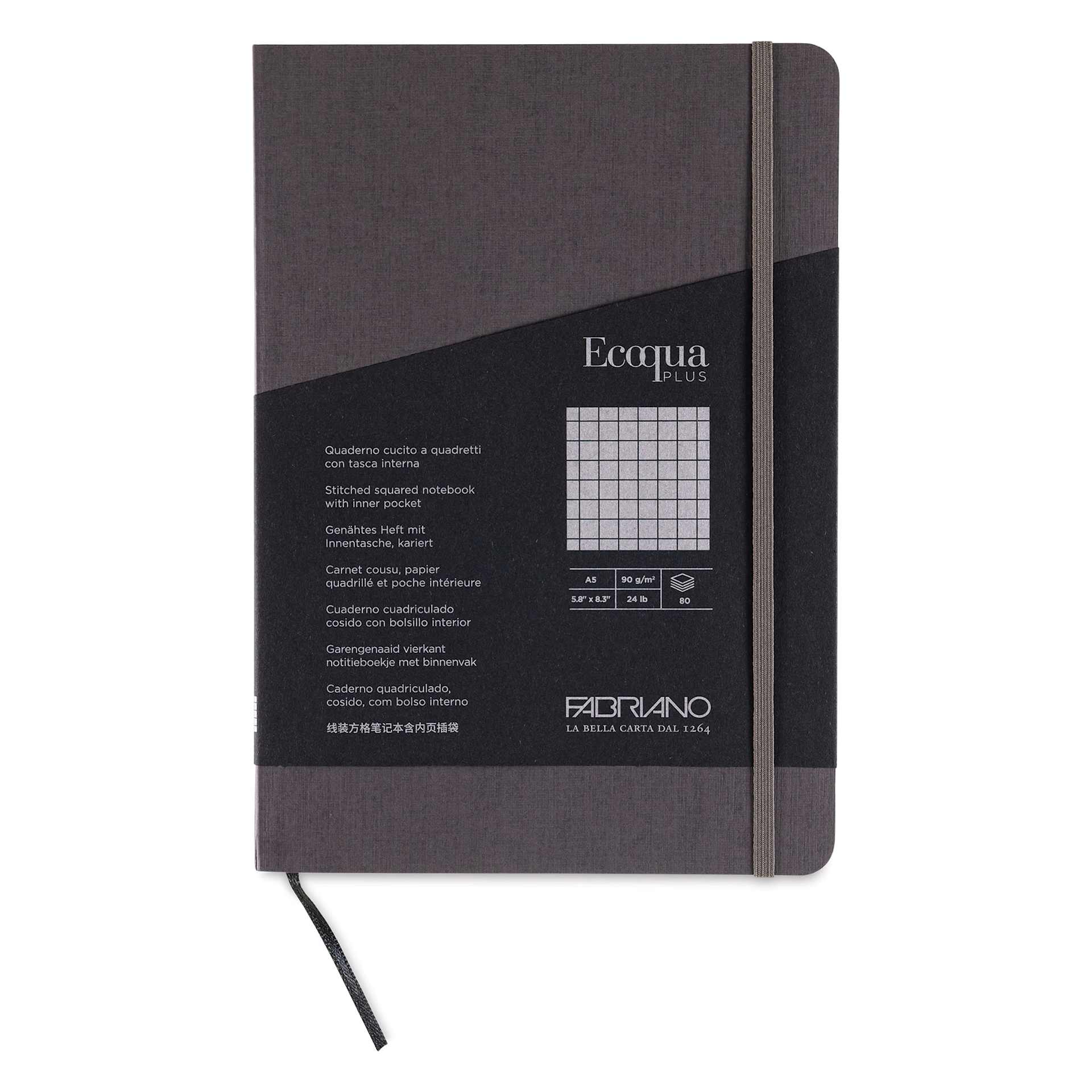 Fabriano EcoQua Plus Stitch-Bound Notebook - Grey, 5-4/5" x 8-1/4", Grid, front cover