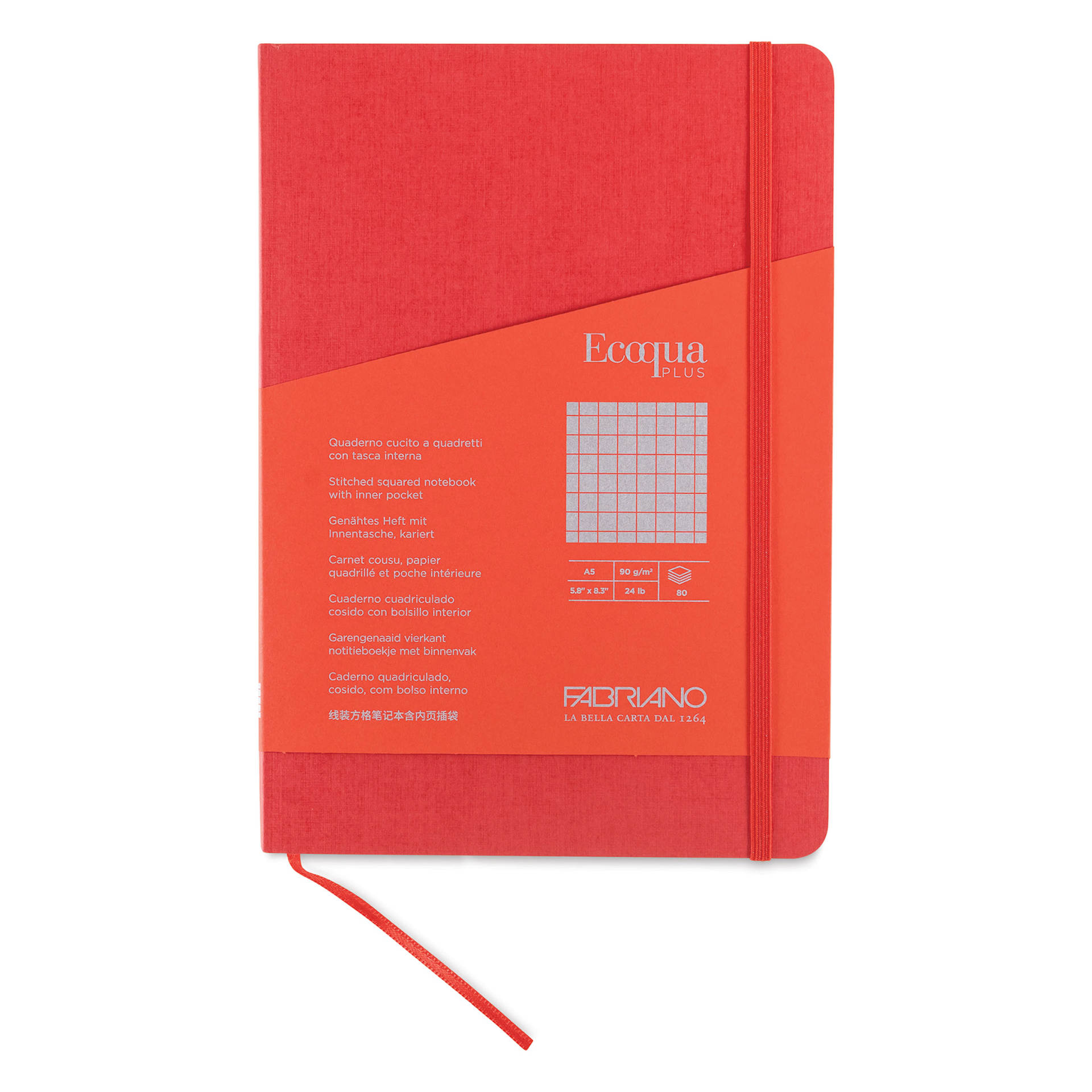 Fabriano EcoQua Plus Stitch-Bound Notebook - Red, 5-4/5" x 8-1/4", Grid, front cover