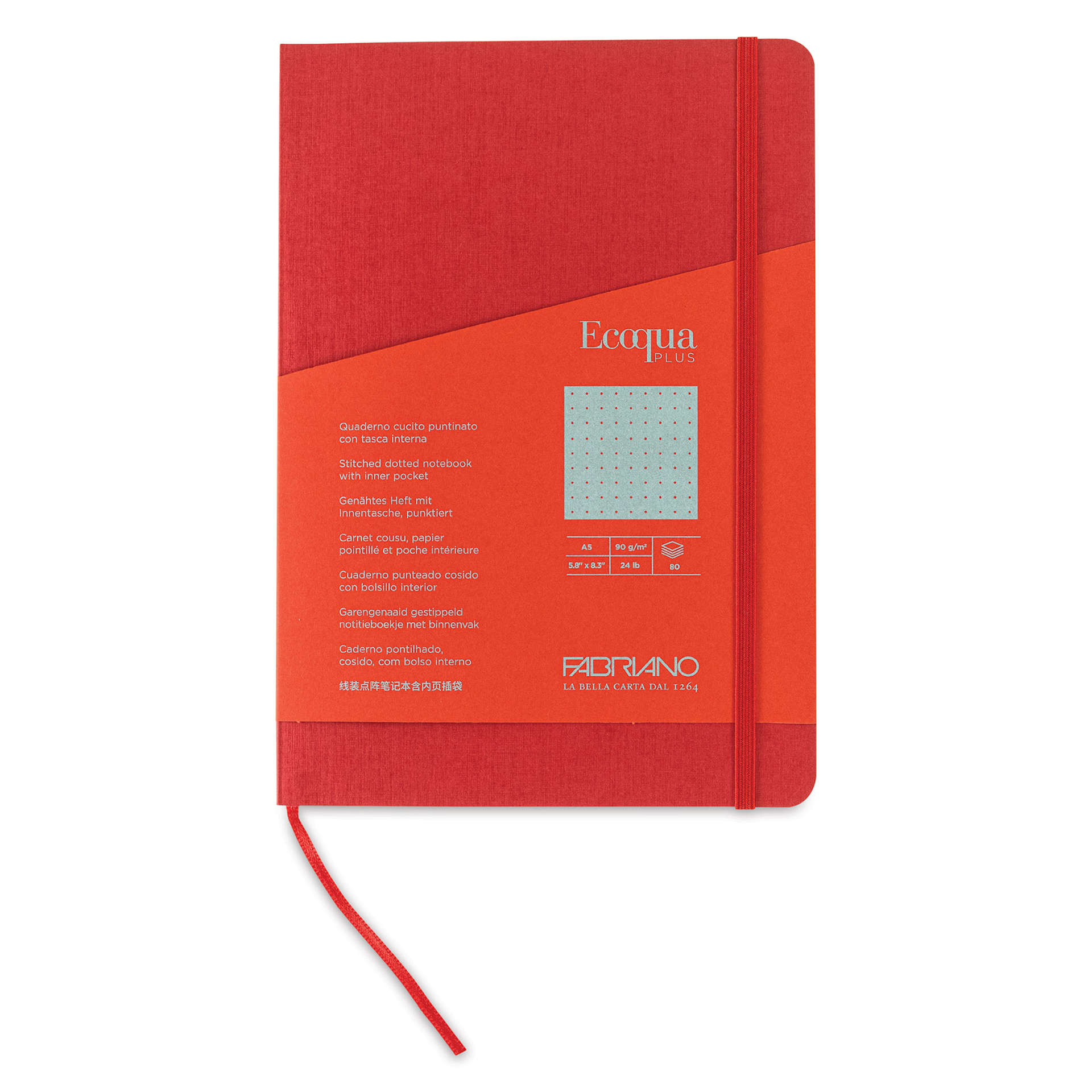 Fabriano EcoQua Plus Stitch-Bound Notebook - Red, 5-4/5" x 8-1/4", Dot Grid, front cover