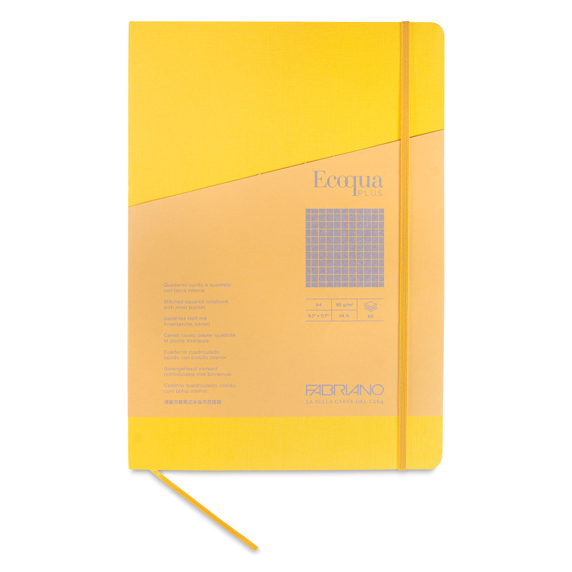 Fabriano EcoQua Plus Stitch-Bound Notebook - Yellow, 8-1/4" x 11-3/4", Grid, front cover