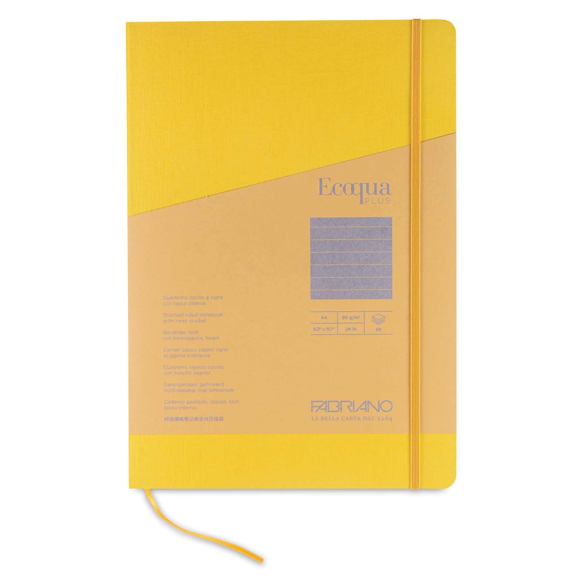Fabriano EcoQua Plus Stitch-Bound Notebook - Yellow, 8-1/4" x 11-3/4", Lined, front cover