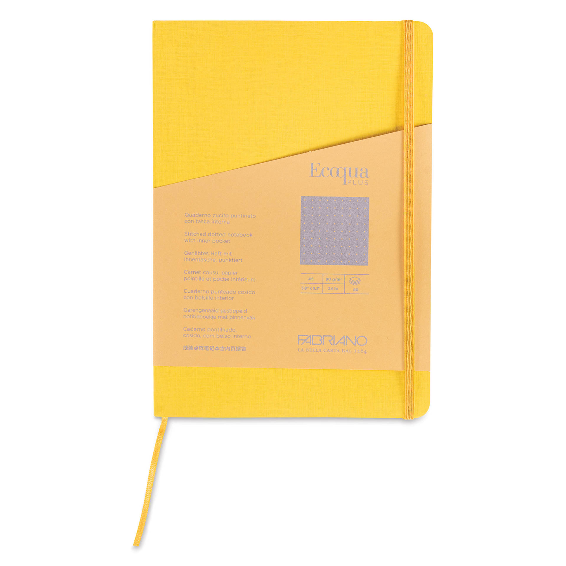 Fabriano EcoQua Plus Stitch-Bound Notebook - Yellow, 5-4/5" x 8-1/4", Dot Grid, front cover