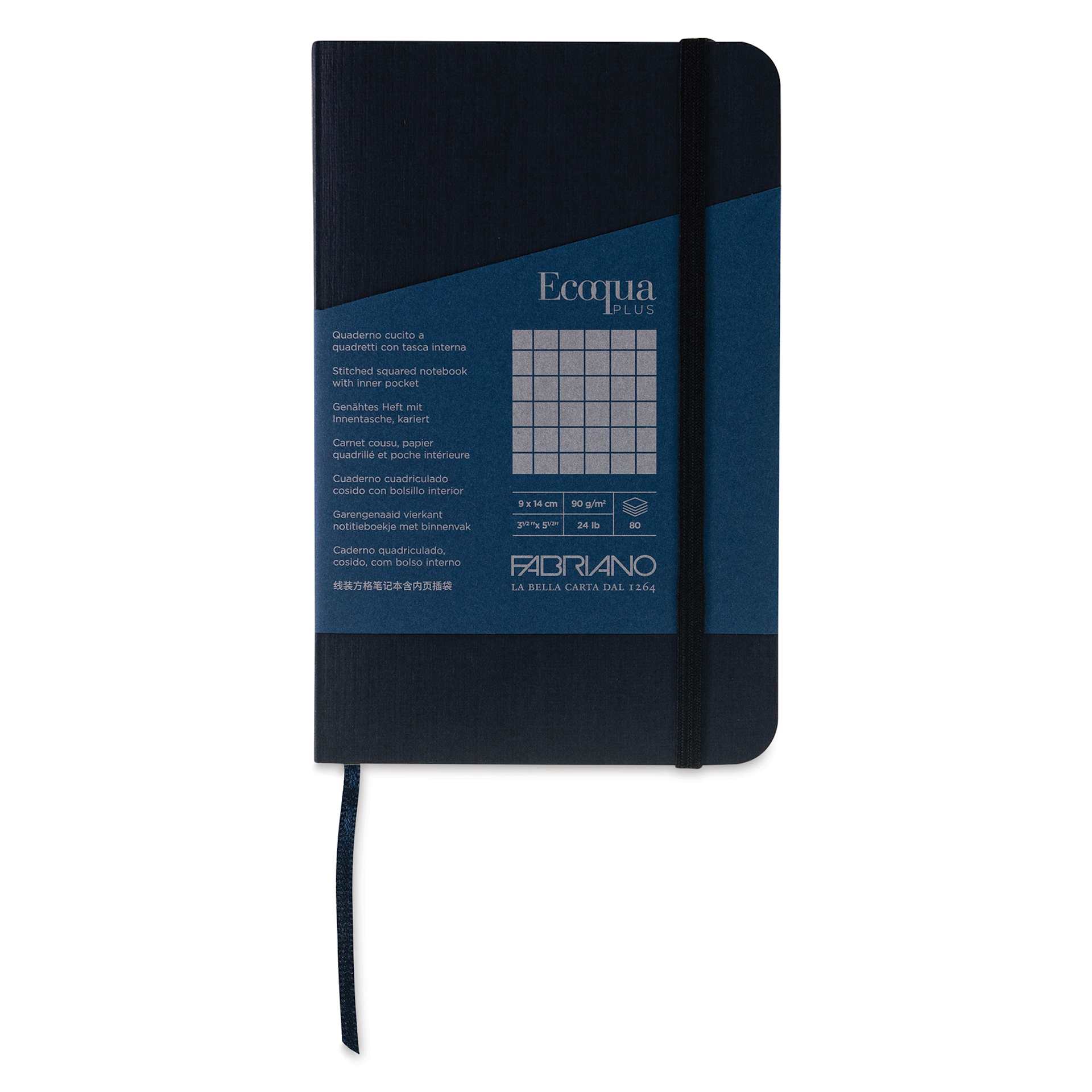 Fabriano EcoQua Plus Stitch-Bound Notebook - Navy, 3-1/2" x 5-1/2", Grid, front cover