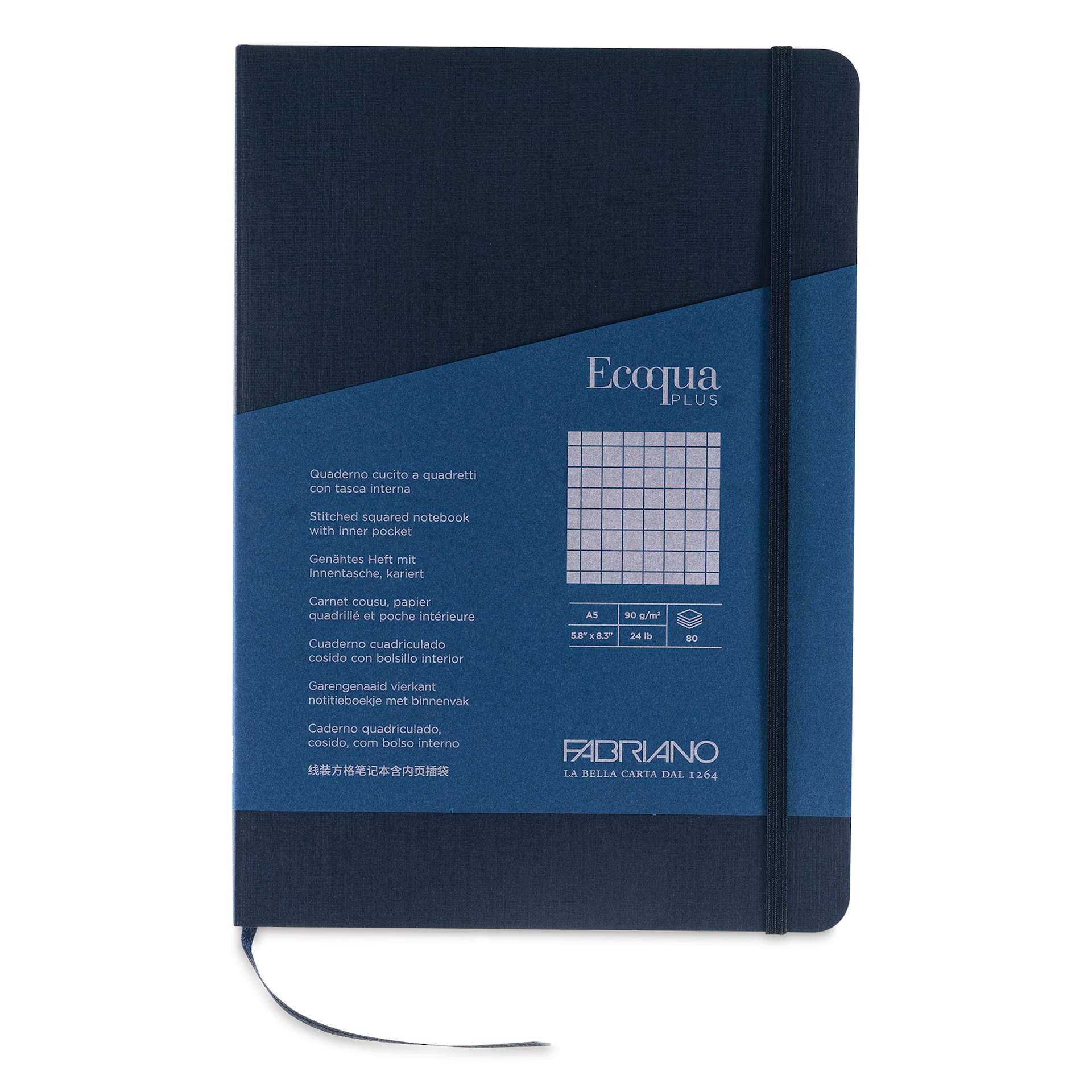 Fabriano EcoQua Plus Stitch-Bound Notebook - Navy, 5-4/5" x 8-1/4", Grid, front cover
