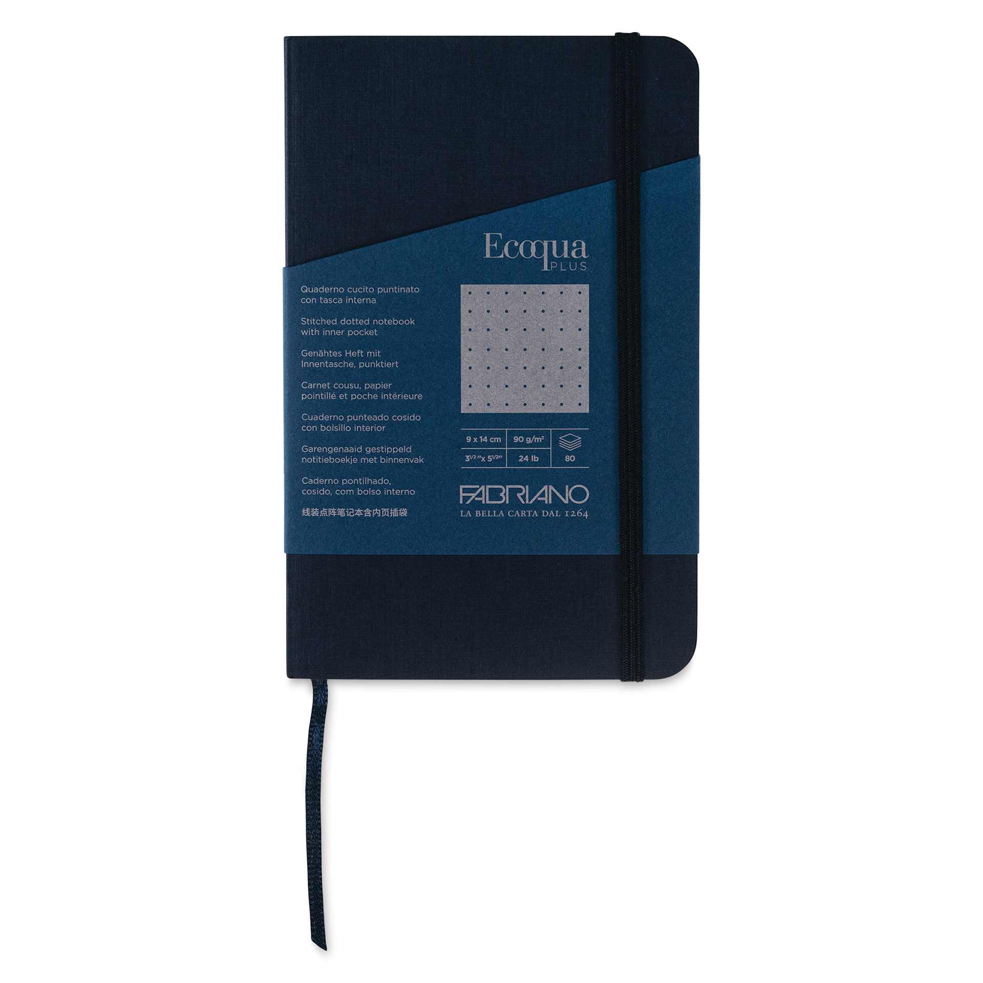 Fabriano EcoQua Plus Stitch-Bound Notebook - Navy, 3-1/2" x 5-1/2", Dot Grid, front cover