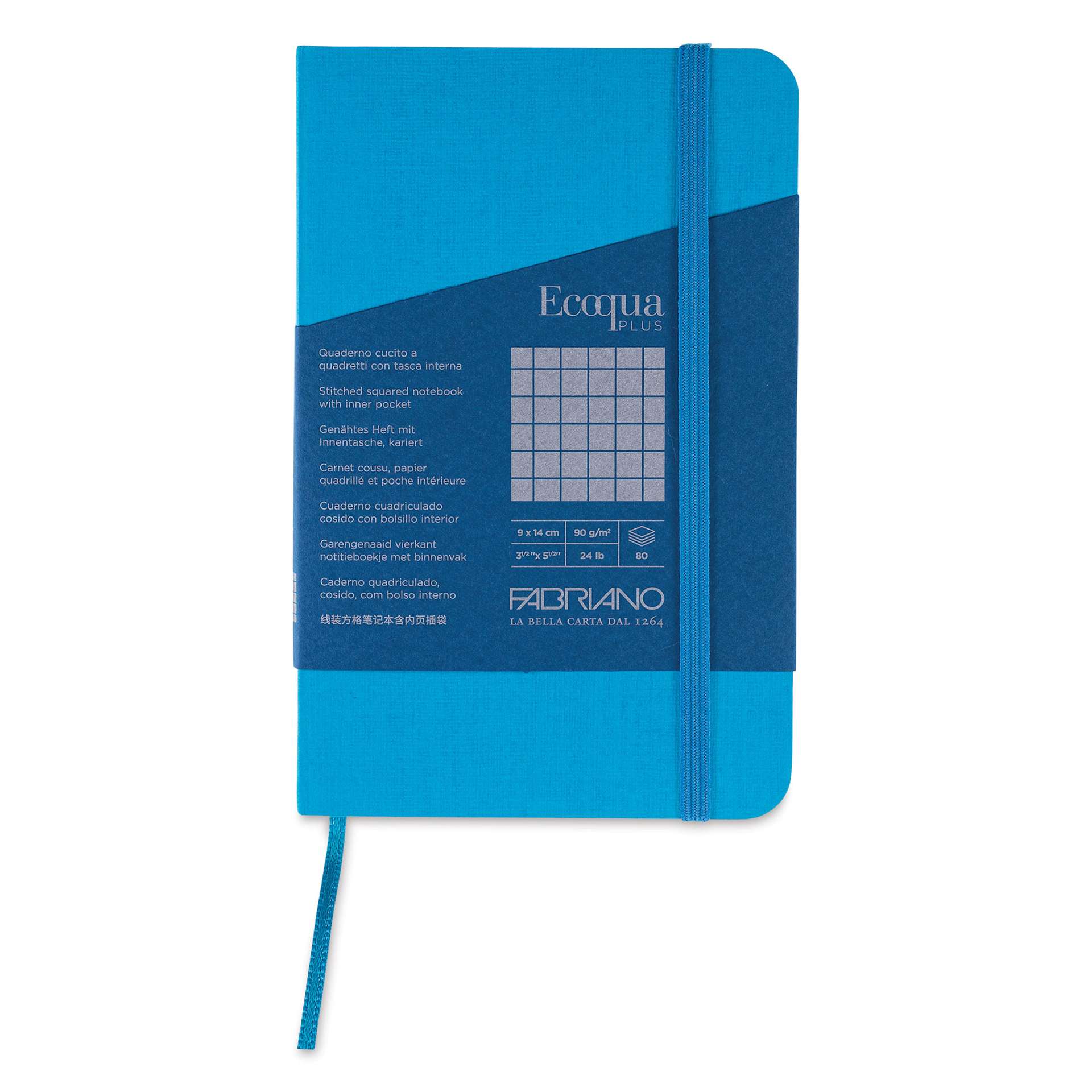 Fabriano EcoQua Plus Stitch-Bound Notebook - Turquoise, 3-1/2" x 5-1/2", Grid, front cover
