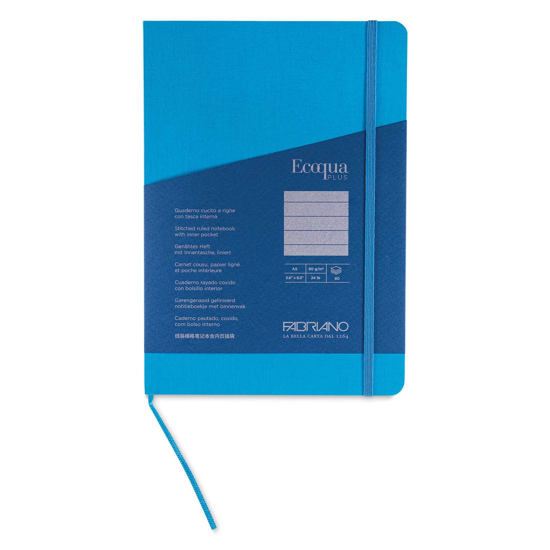 Fabriano EcoQua Plus Stitch-Bound Notebook - Turquoise, 5-4/5" x 8-1/4", Lined, front cover
