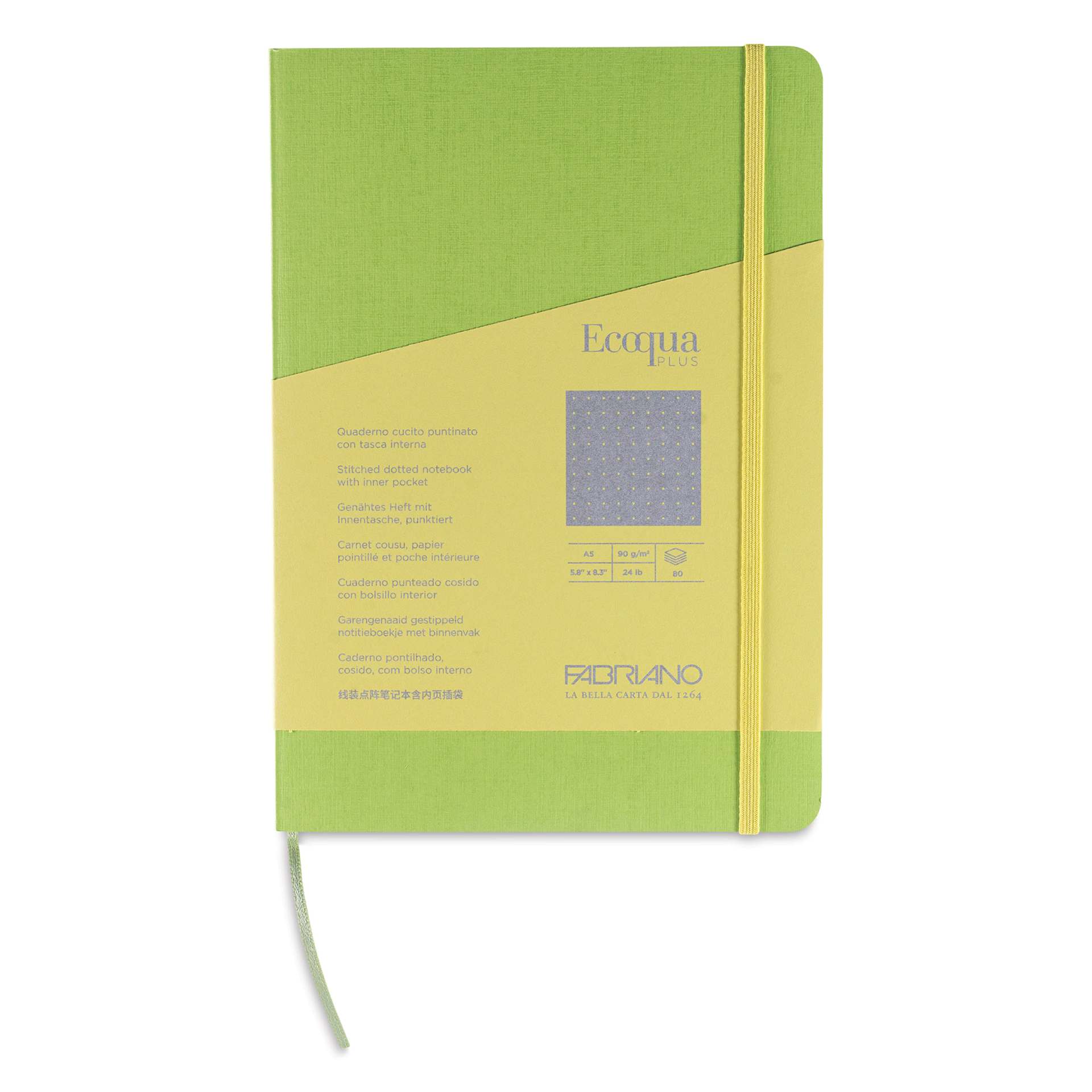 Fabriano EcoQua Plus Stitch-Bound Notebook - Lime, 5-4/5" x 8-1/4", Dot Grid, front cover