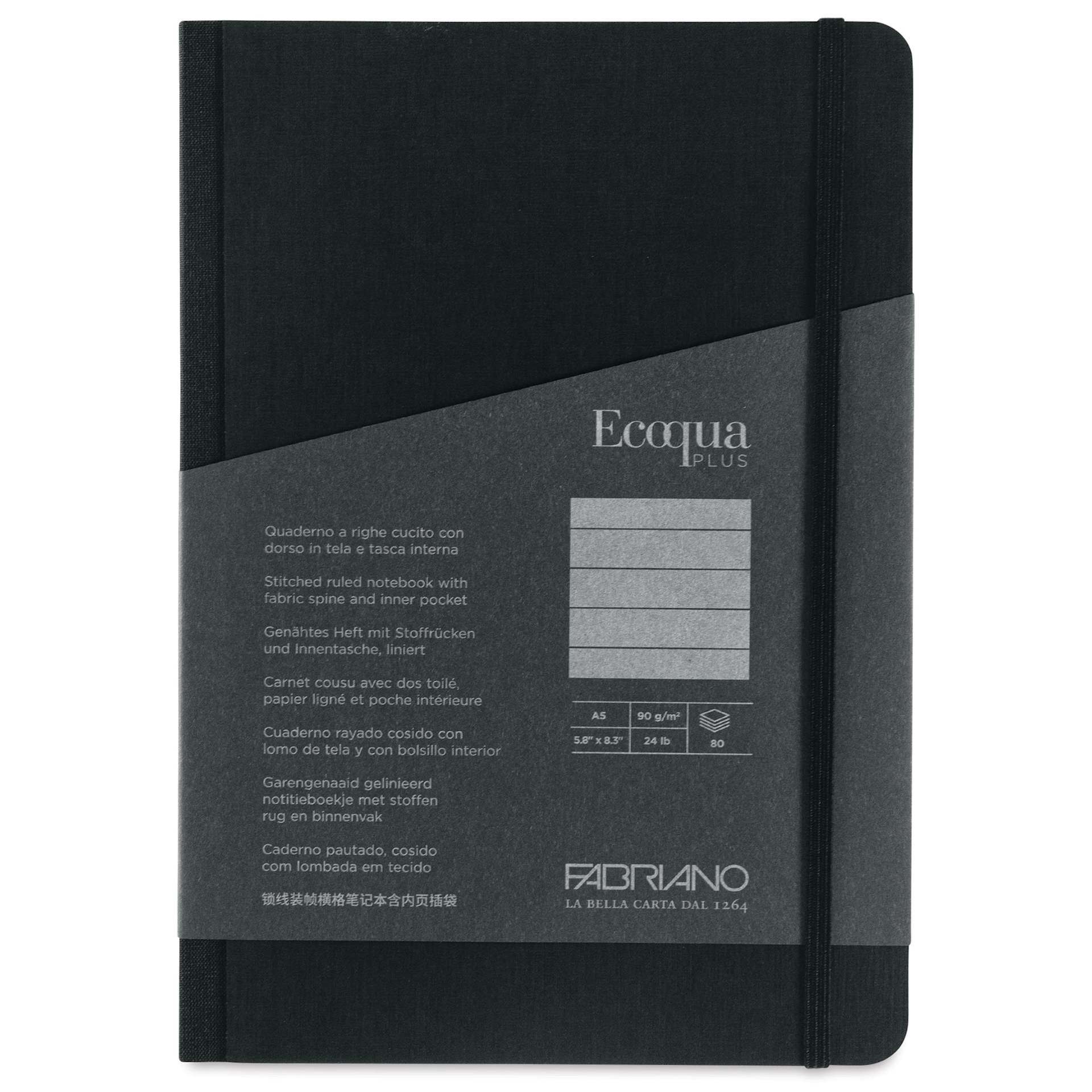 Fabriano Ecoqua Plus Fabric-Bound Notebook - Black, 5-4/5" x 8-1/4", Lined, front cover