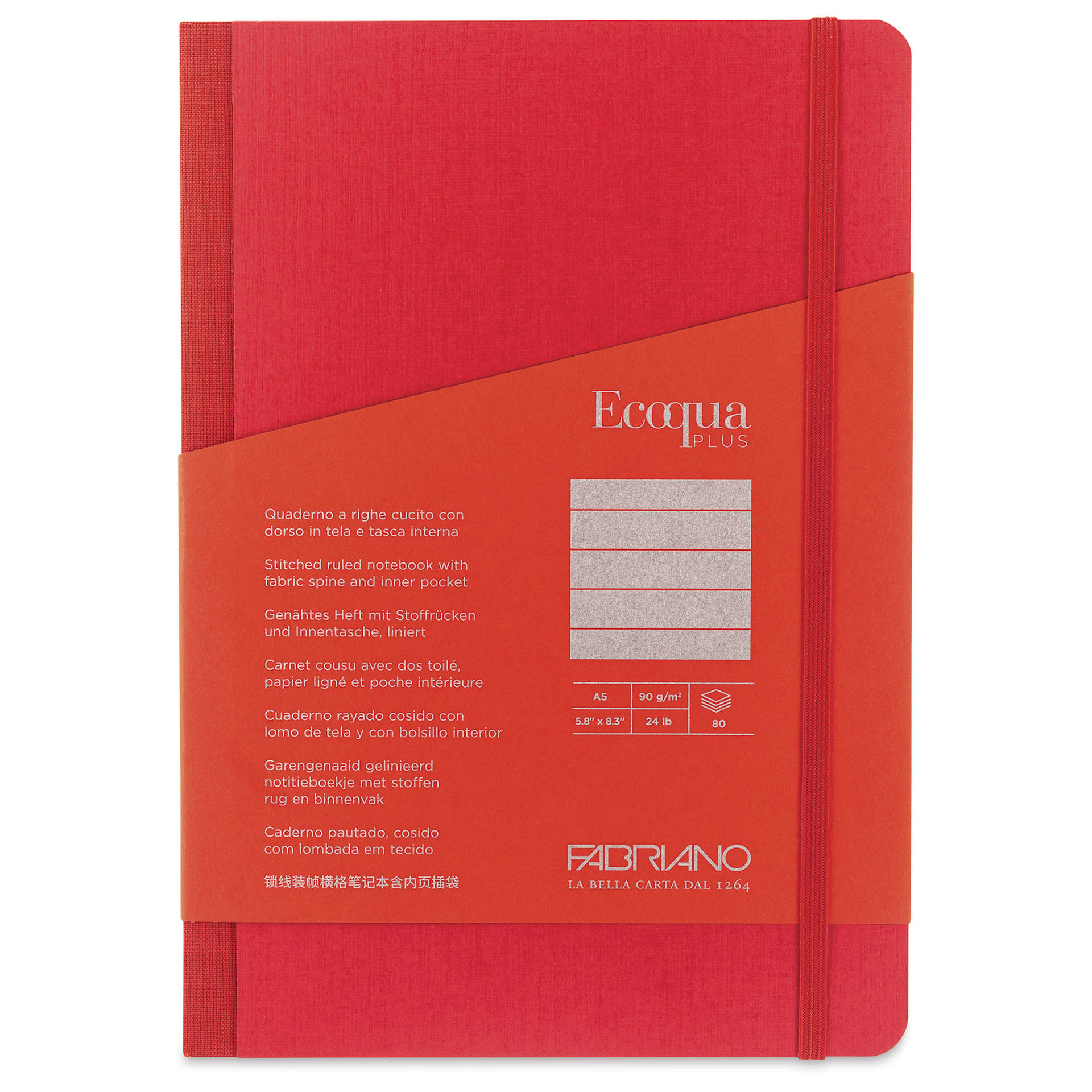 Fabriano Ecoqua Plus Fabric-Bound Notebook - Red, 5-4/5" x 8-1/4", Lined, front cover