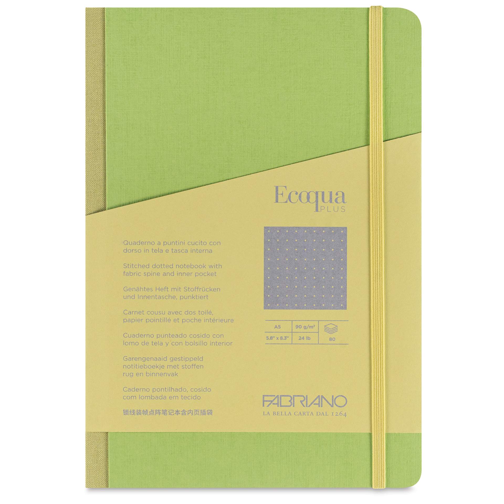 Fabriano Ecoqua Plus Fabric-Bound Notebook - Lime, 5-4/5" x 8-1/4", Dot Grid, front cover
