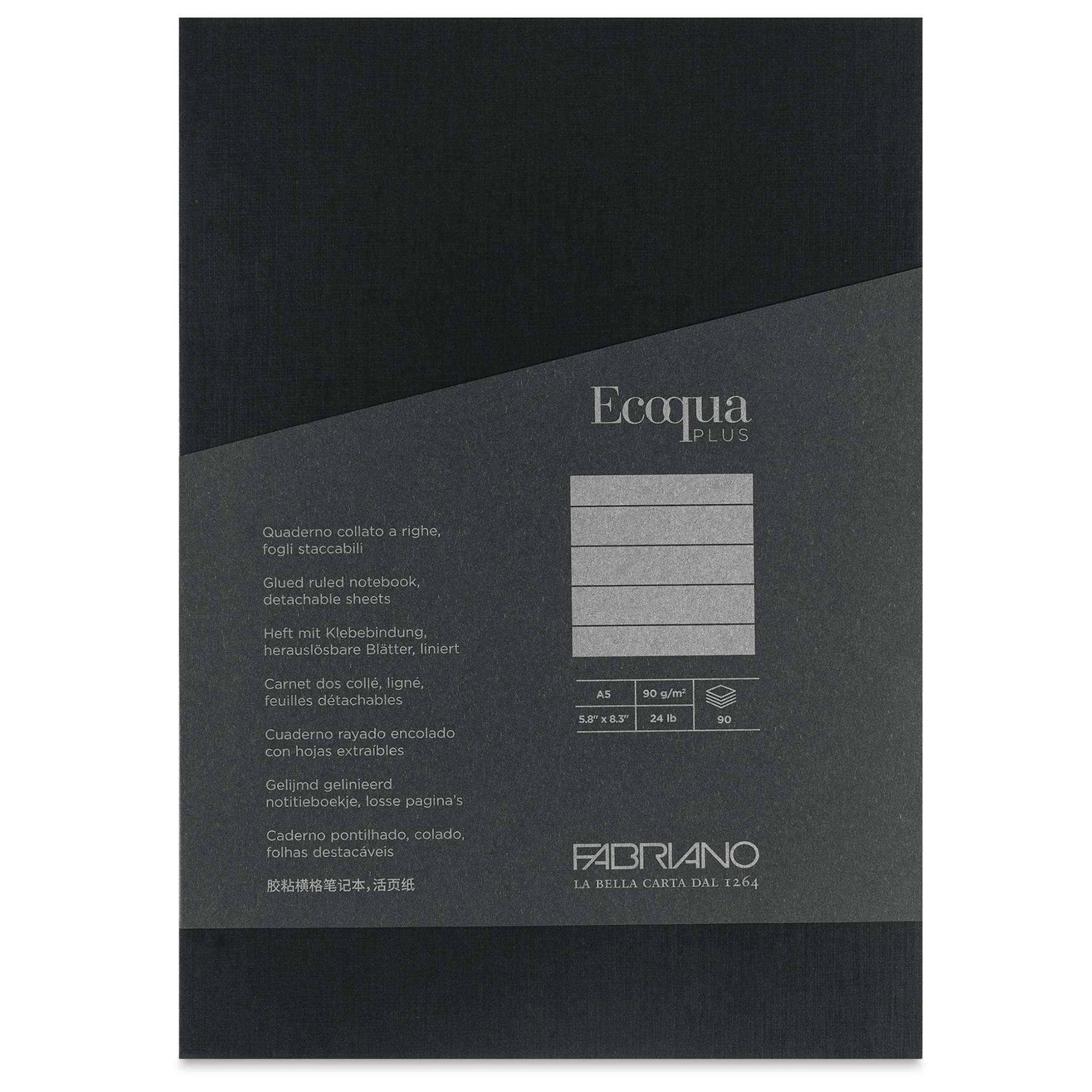 Fabriano Ecoqua Plus Glue-Bound Notebook - Black, 5-4/5" x 8-1/4", Lined, front cover