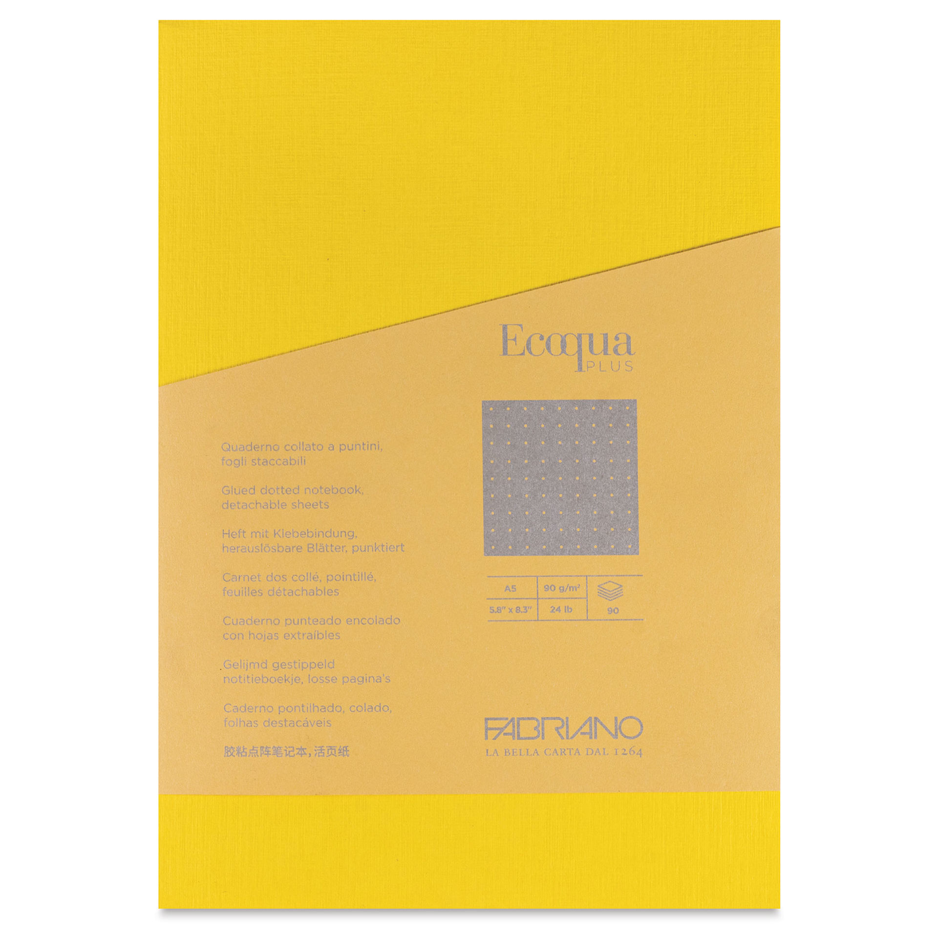 Fabriano Ecoqua Plus Glue-Bound Notebook - Yellow, 5-4/5" x 8-1/4", Dot Grid, front cover