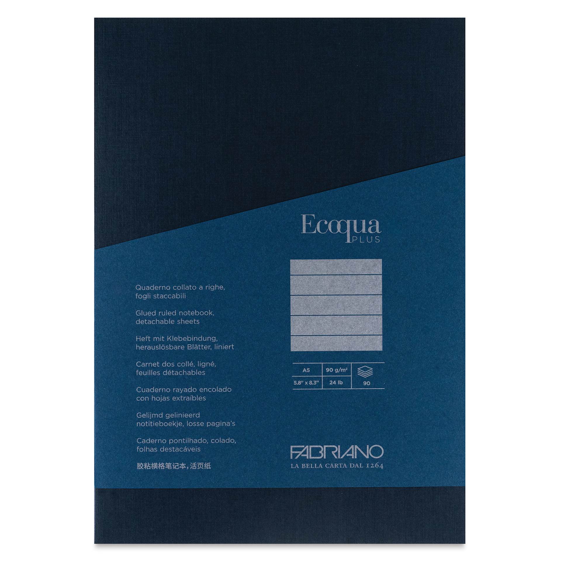 Fabriano Ecoqua Plus Glue-Bound Notebook - Navy, 5-4/5" x 8-1/4", Lined, front cover