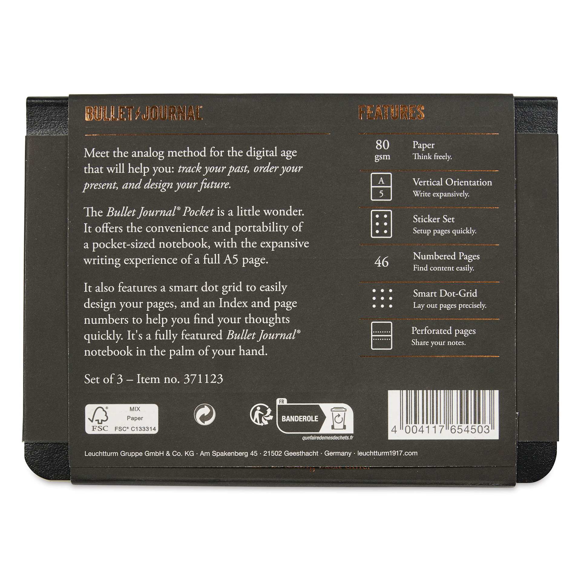 Leuchtturm1917 Bullet Journal Pocket Edition, Pkg of 3, back of packaging