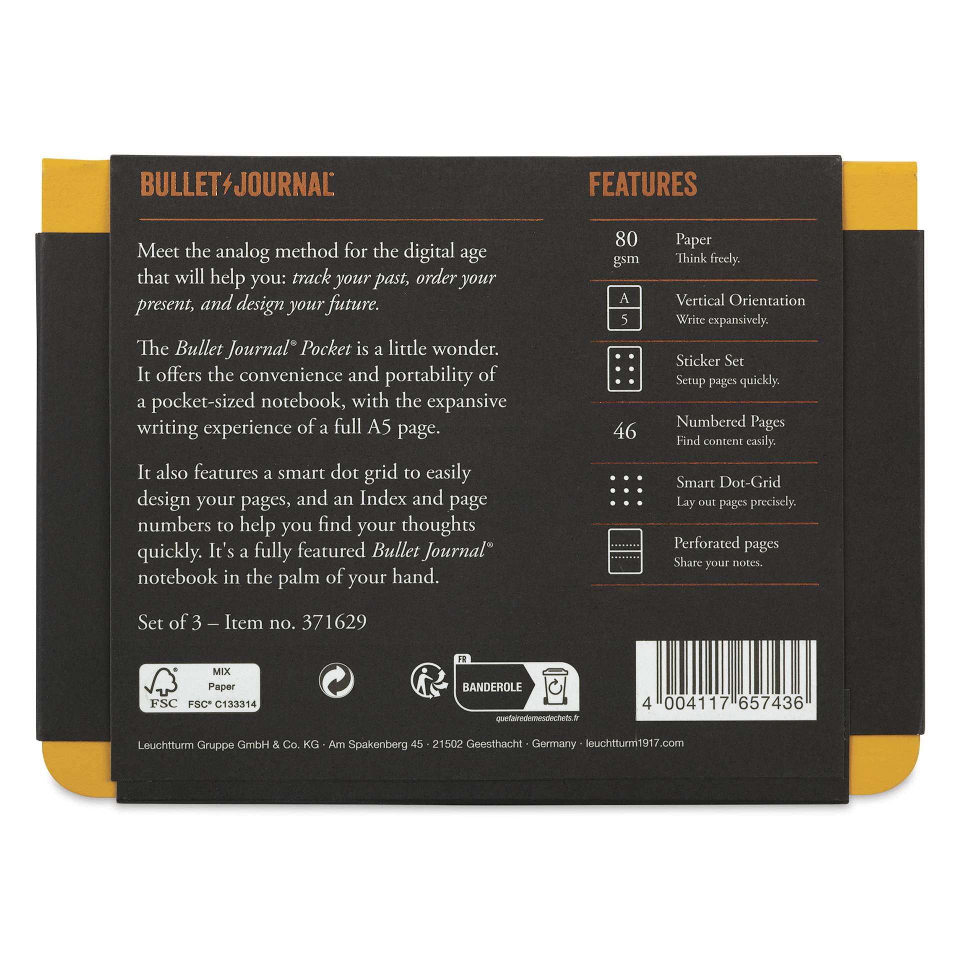 Leuchtturm1917 Bullet Journal Pocket Edition, Yellow, Pkg of 3, back of packaging