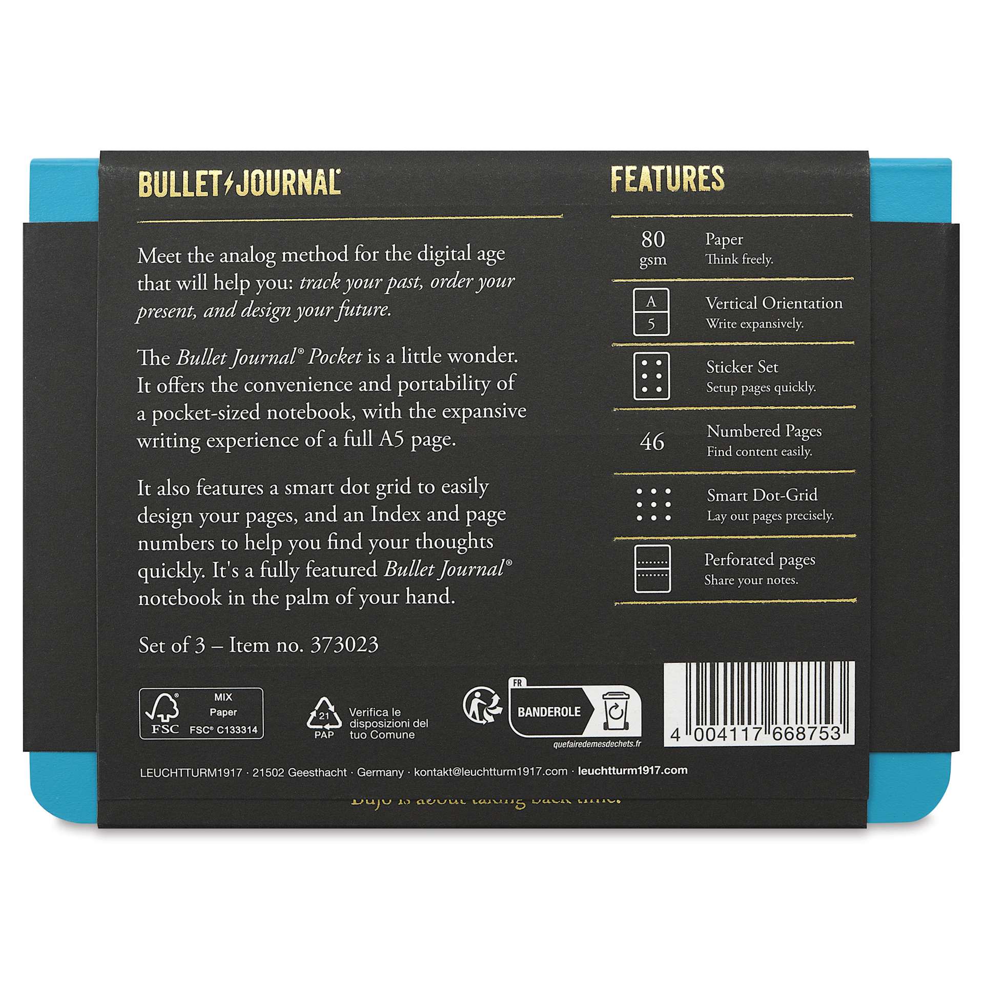 Leuchtturm1917 Bullet Journal Pocket Edition, Turquoise, Pkg of 3, back of packaging