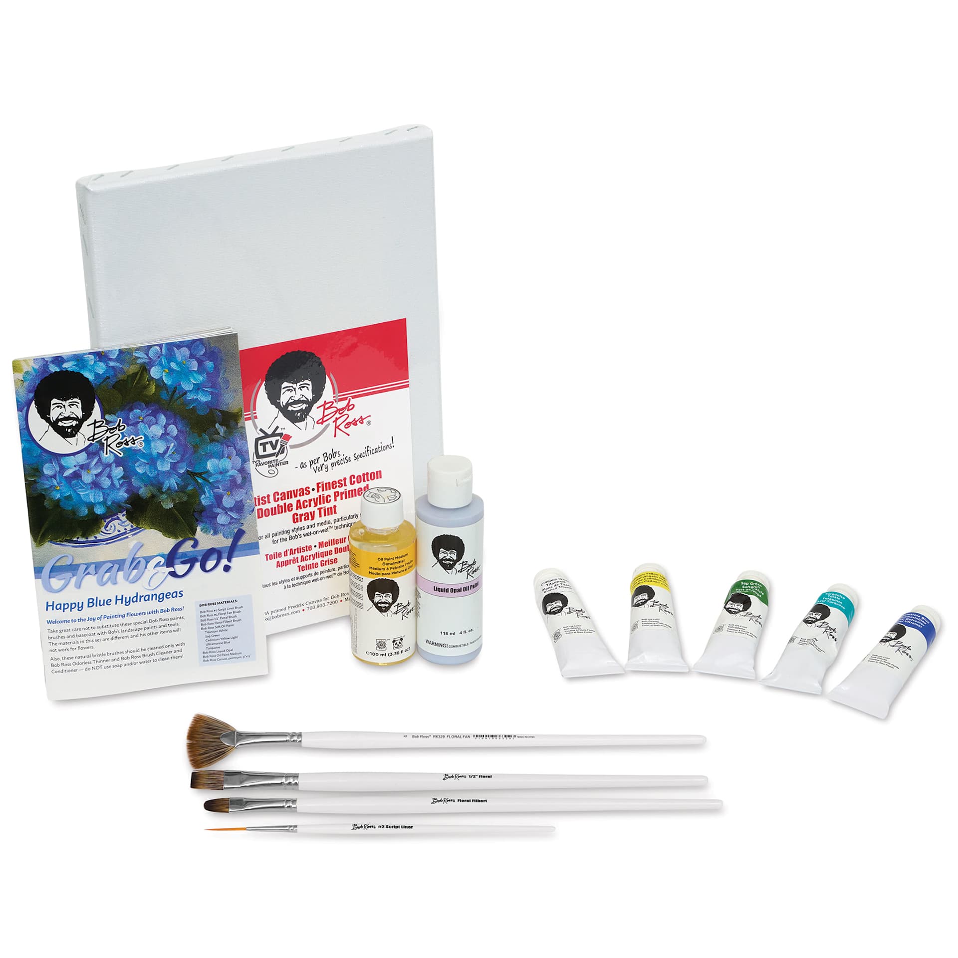 Bob Ross Grab and Go Floral Paint Kit - Happy Blue Hydrangeas set contents