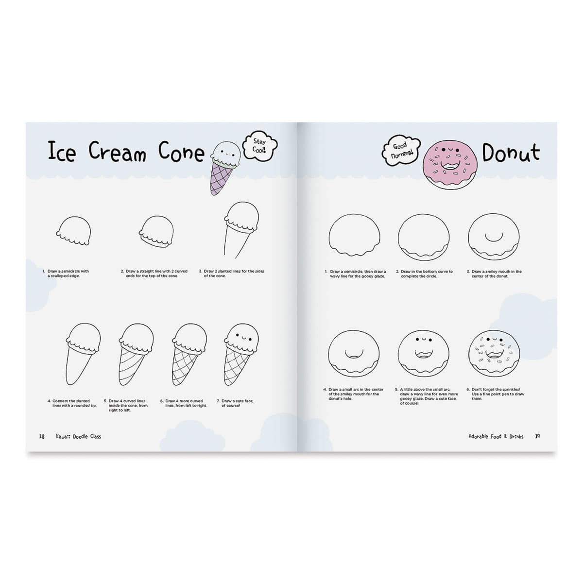 Kawaii Doodle Class - Spread with instructions to draw Ice Cream cones and Donuts