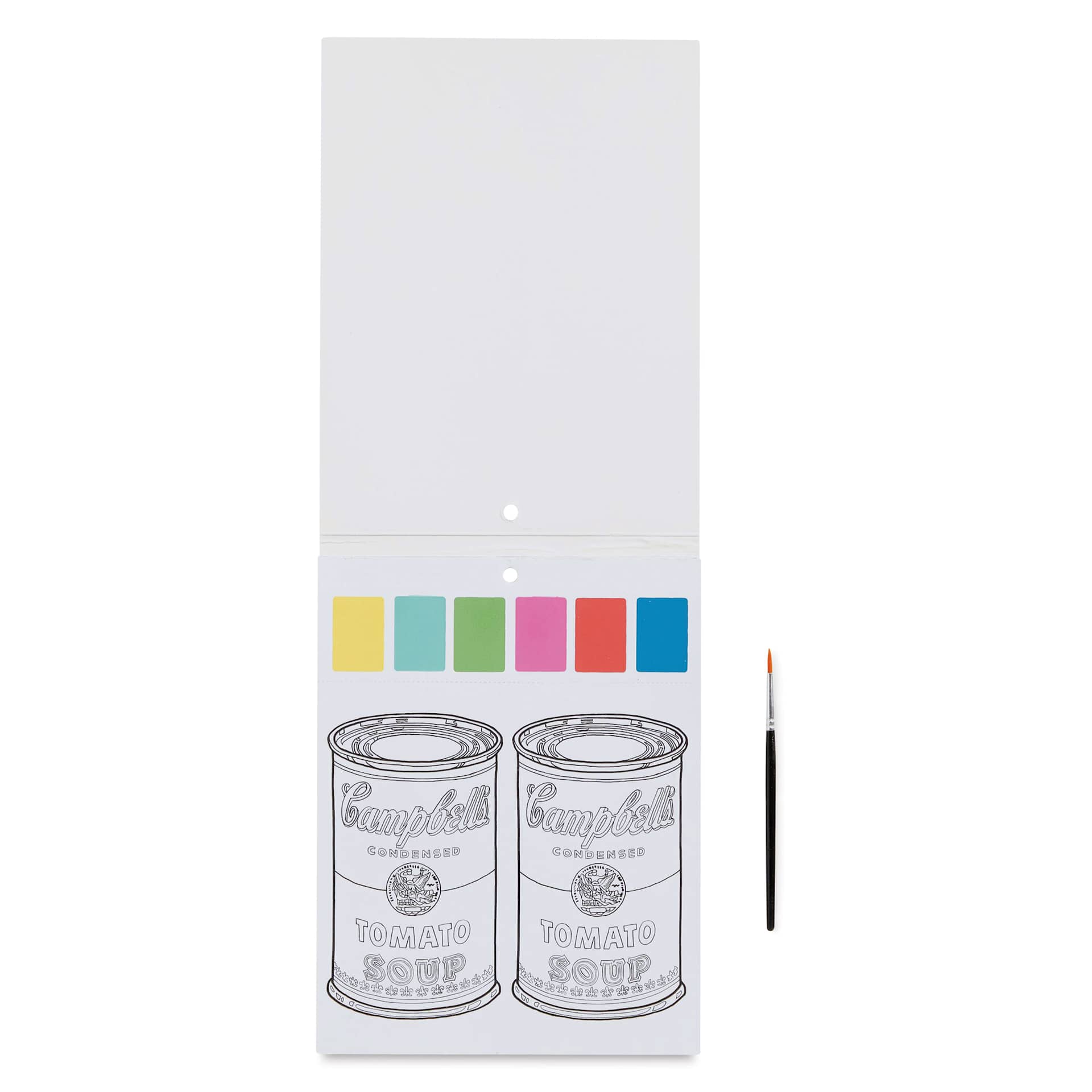 Mudpuppy Watercolor Paint-In Kit - Andy Warhol, Campbells can page open