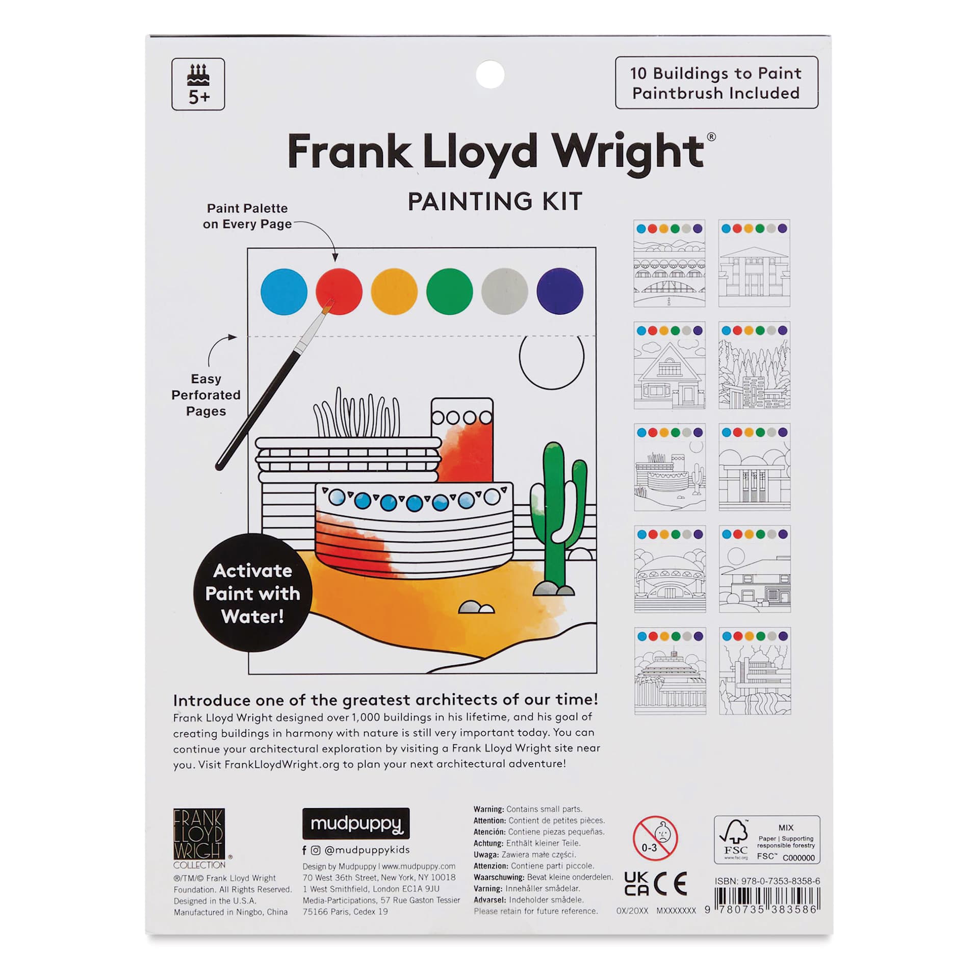 Mudpuppy Watercolor Paint-In Kit - Frank Lloyd Wright, back of packaging
