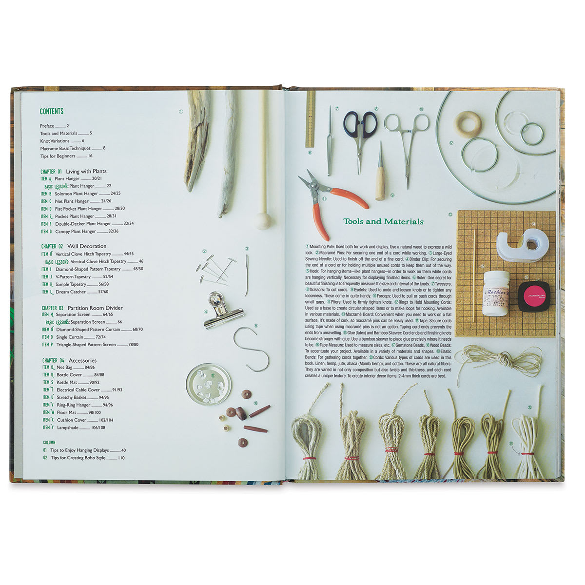 Macramé Décor - Spread showing Contents and Materials needed
