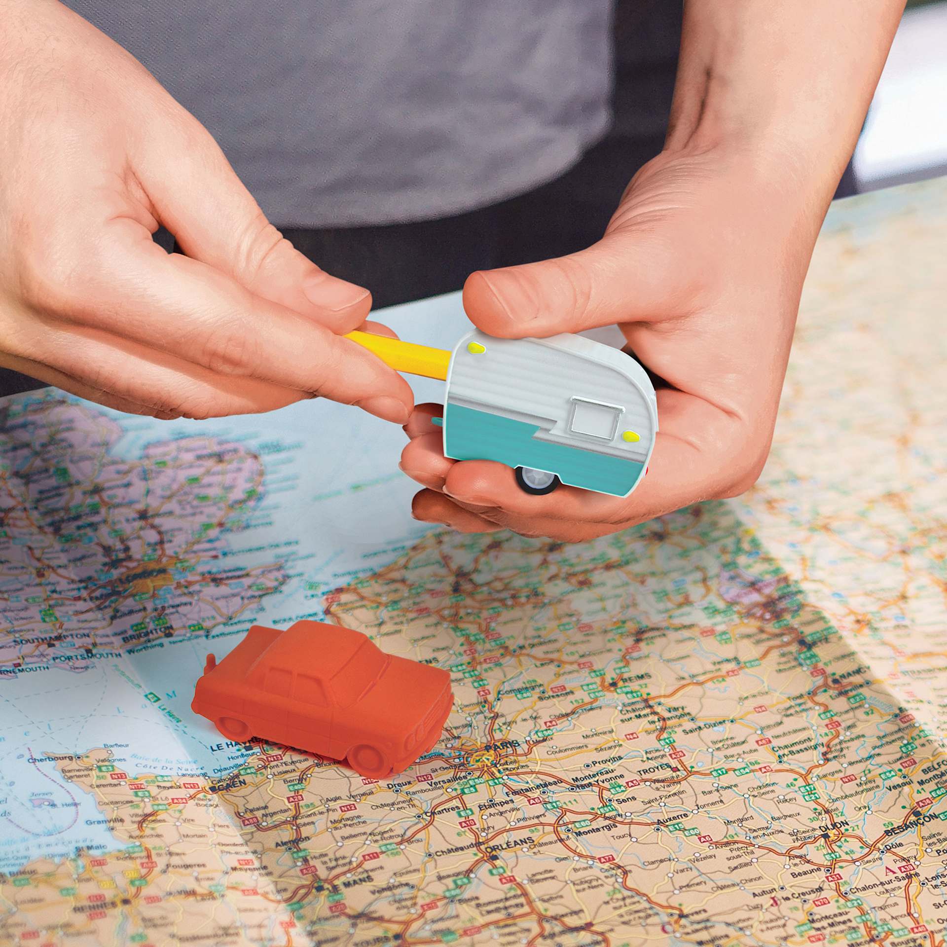 Fred Happy Camper Eraser and Sharpener Set (pencil sharpener in use)