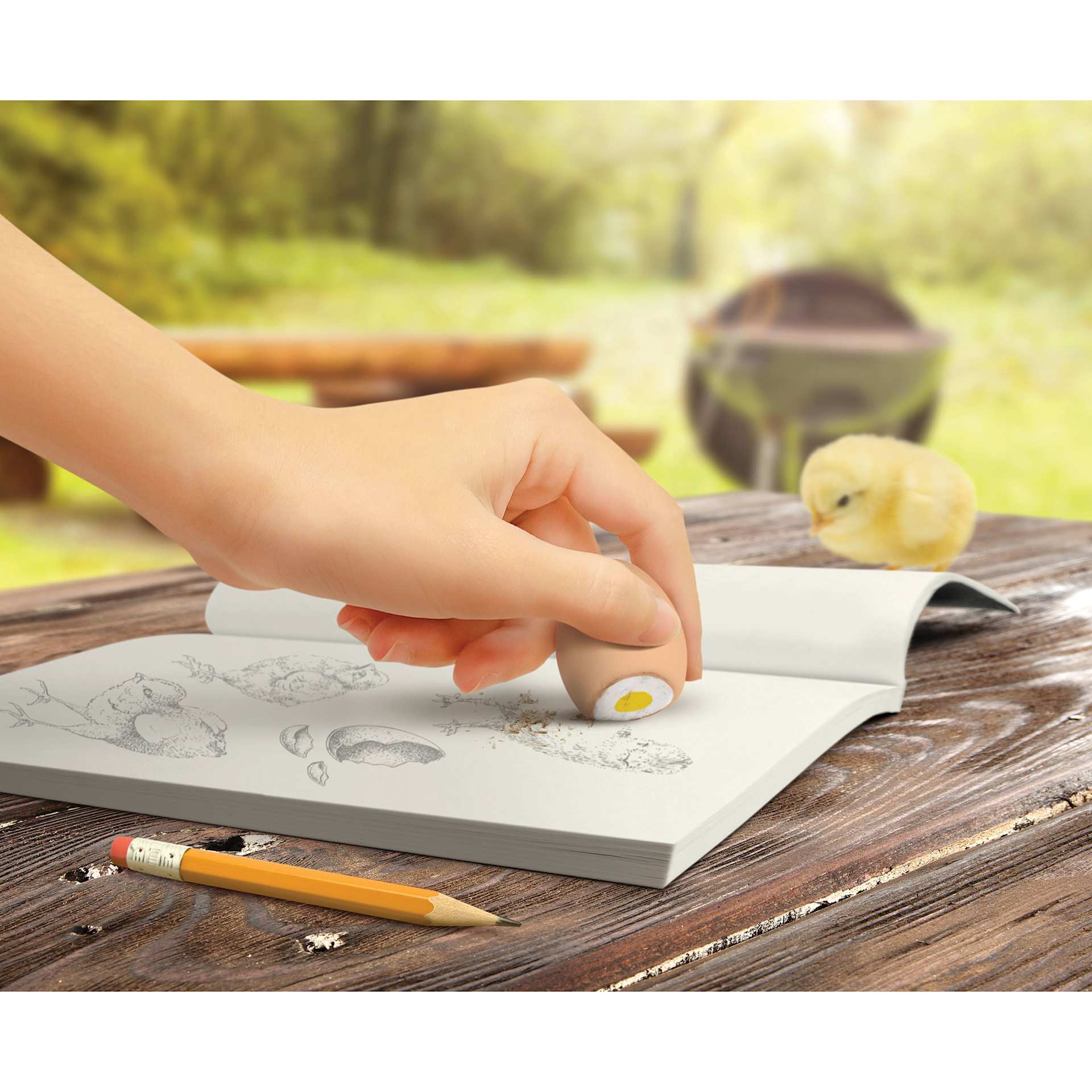 Fred Scribbled Eggs Erasers (Egg eraser in use, erasing pencil drawing)