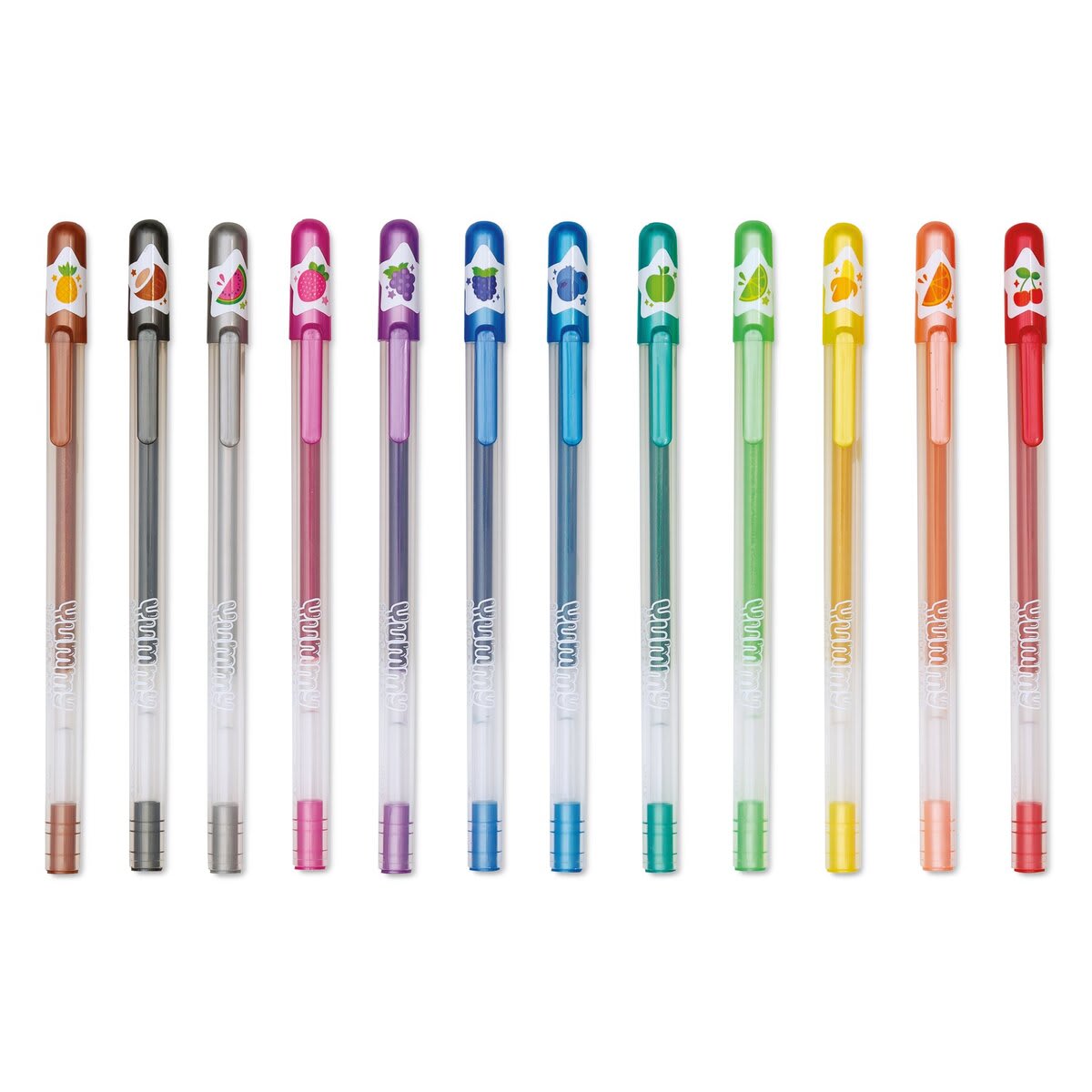 Ooly Yummy Yummy Scented Glitter Gel Pens - Component of 12 pc set shown upright in straight row