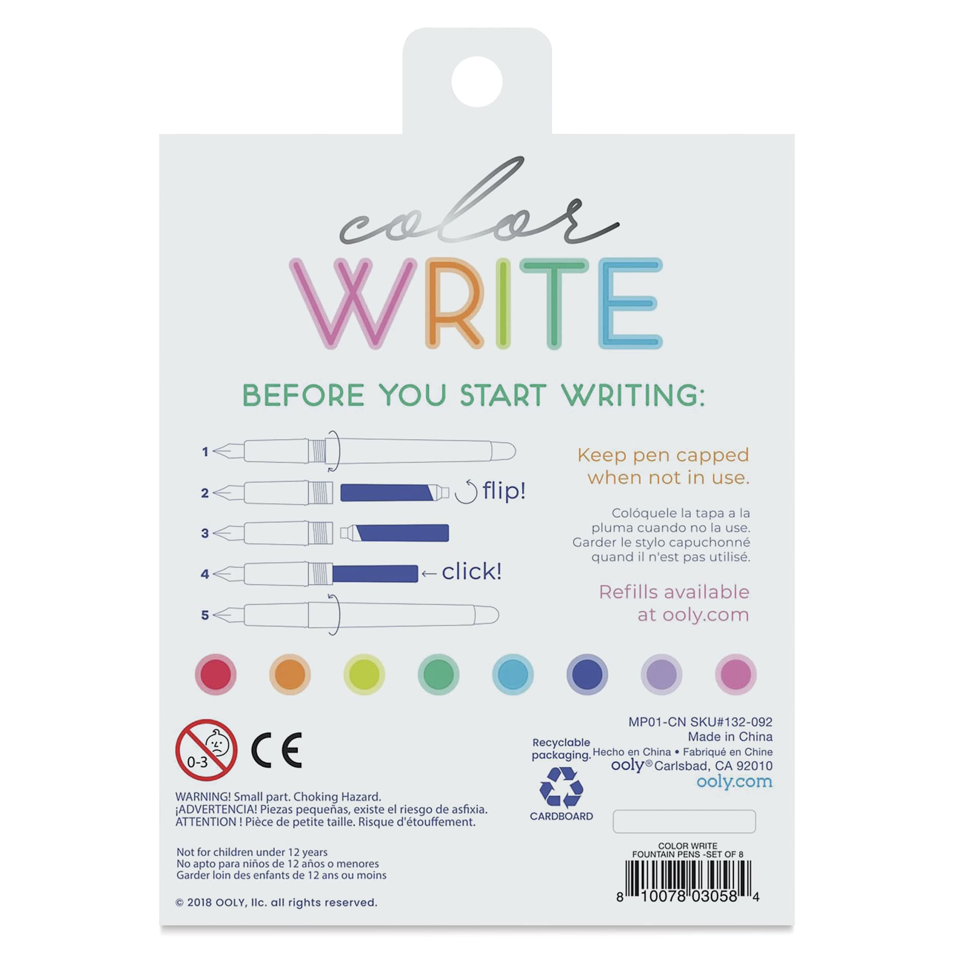Ooly Color Write Fountain Pens, Set of 8, back of package