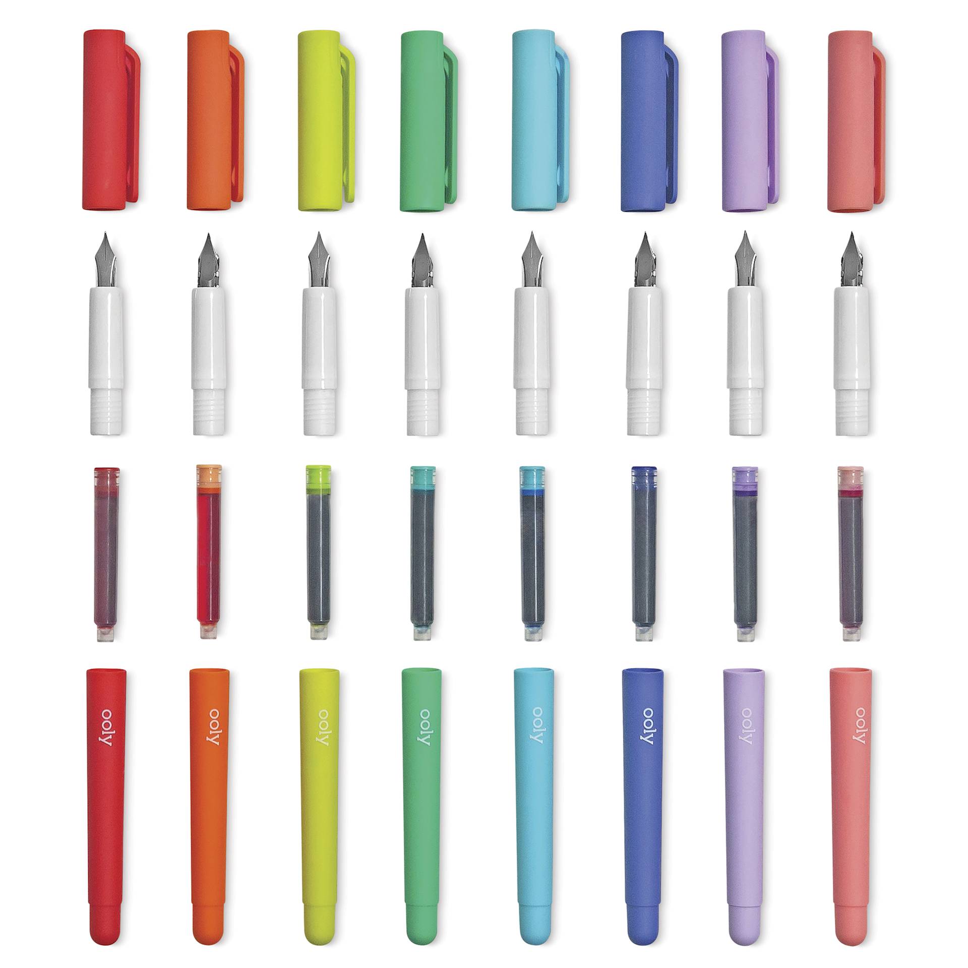 Ooly Color Write Fountain Pens, Set of 8, pens with barrels open
