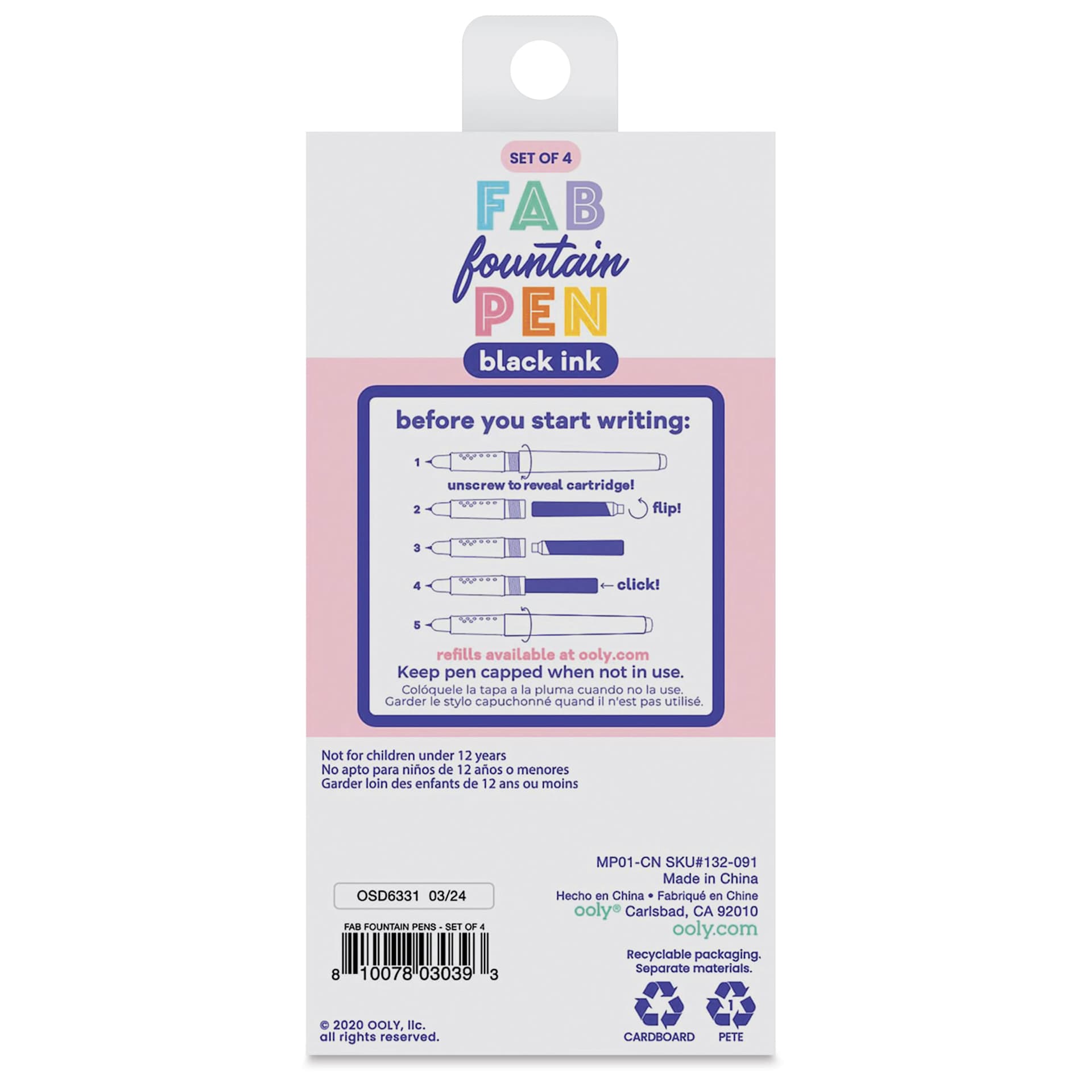 Ooly Fab Fountain Pen Set, back of packaging
