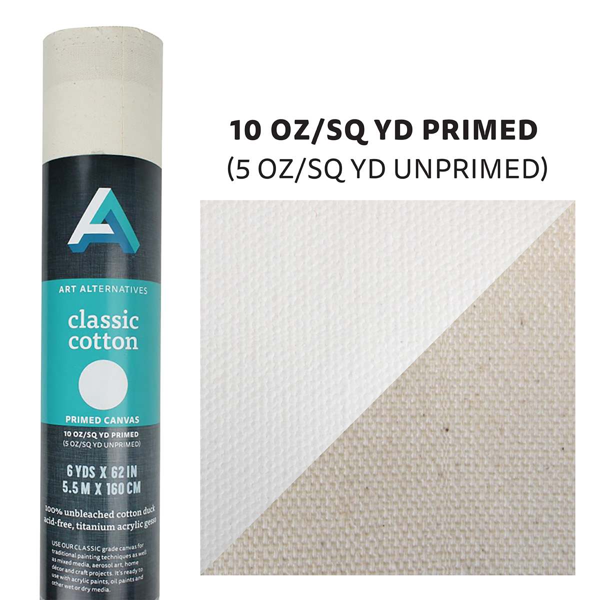 Art Alternatives Canvas Roll - 62 in x 6 yds, 10 oz showing primed and unprimed comparison