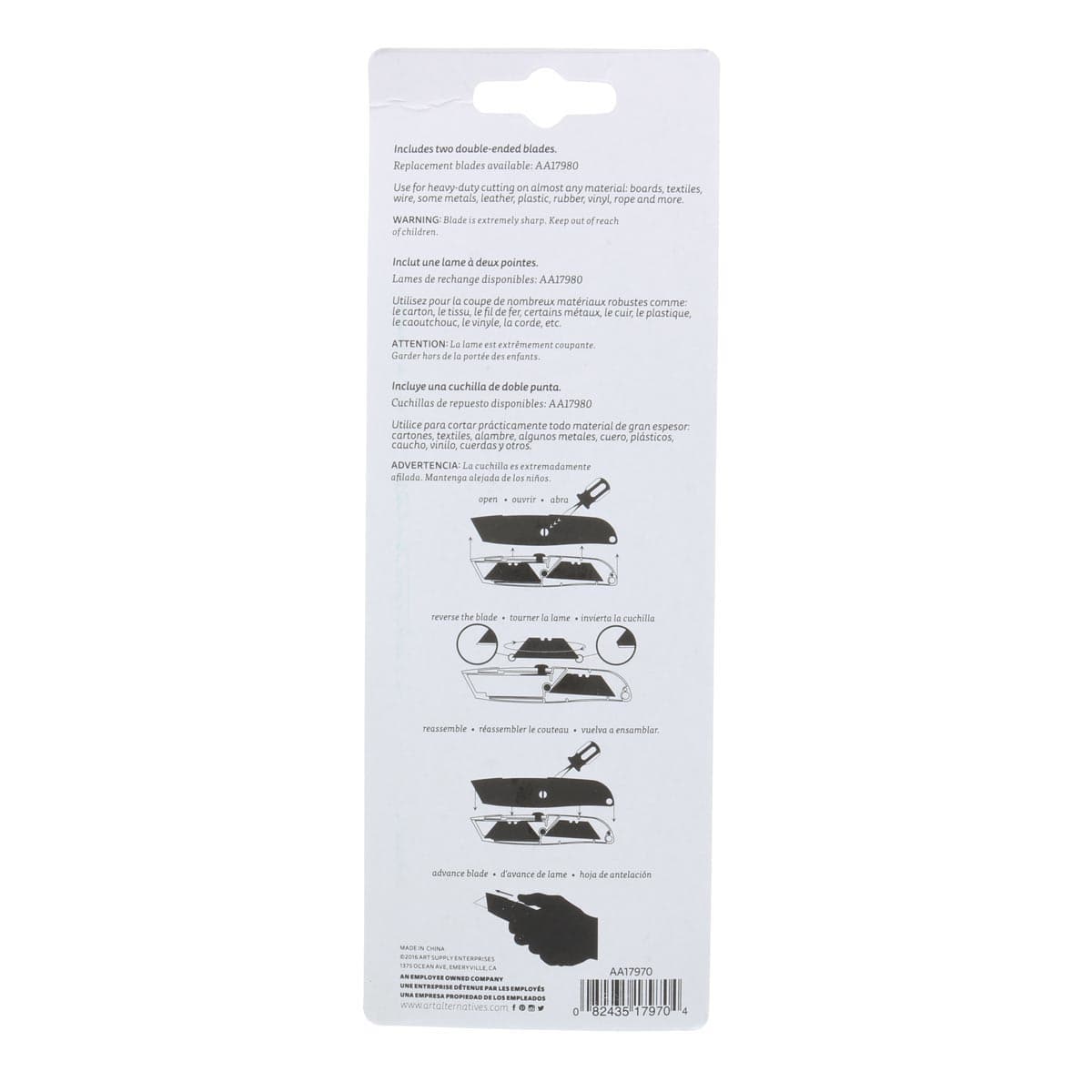 Art Alternatives Retractable Utility Knife, back of packaging