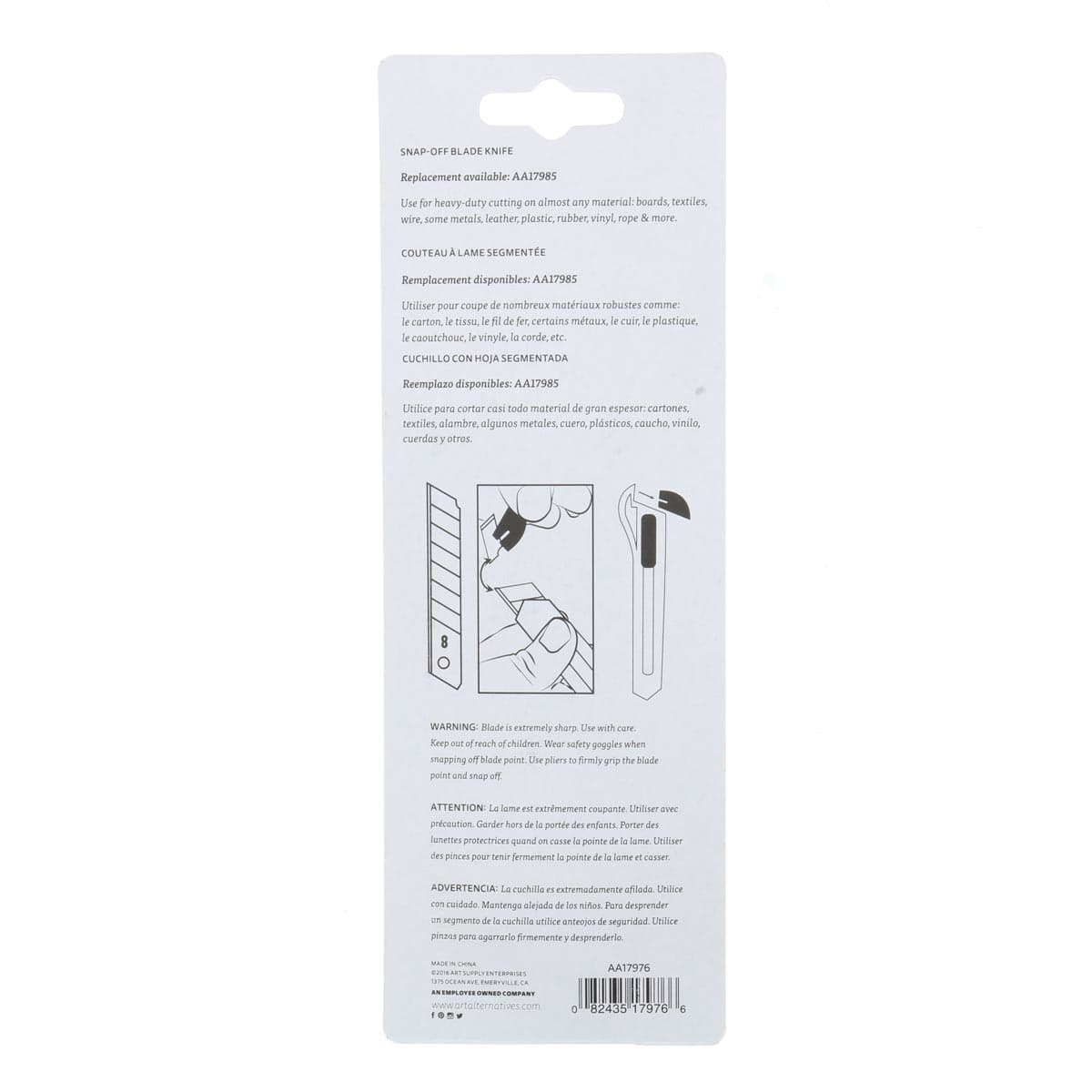 Art Alternatives Snap Off Knife - Heavy Duty, back of packaging