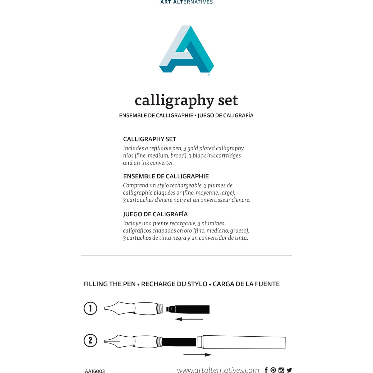 Calligraphy Set: Includes a refillable pen, 3 gold plated calligraphy nibs (fine, medium, broad), 3 black ink cartridges and an ink converter.