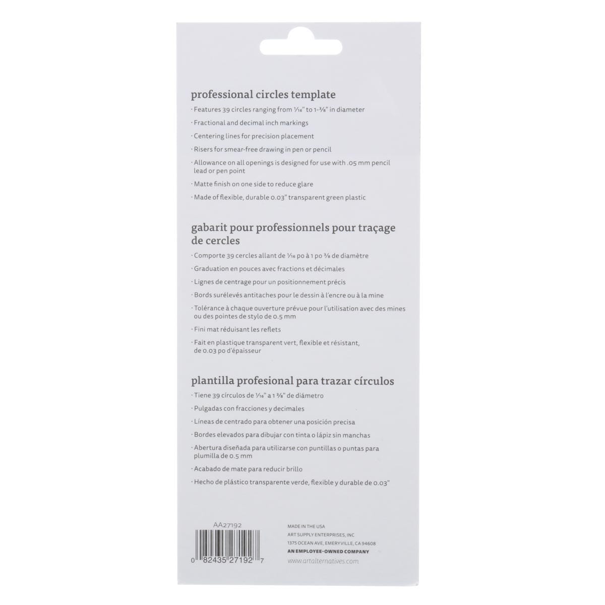 Art Alternatives Drafting Template - Circle back of packaging