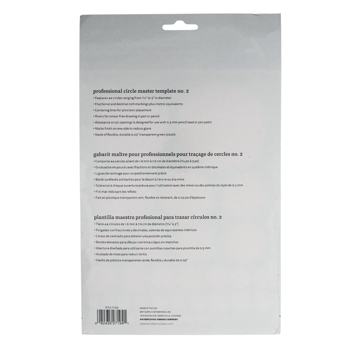 Art Alternatives Drafting Template - Circle Master #2 back of packaging