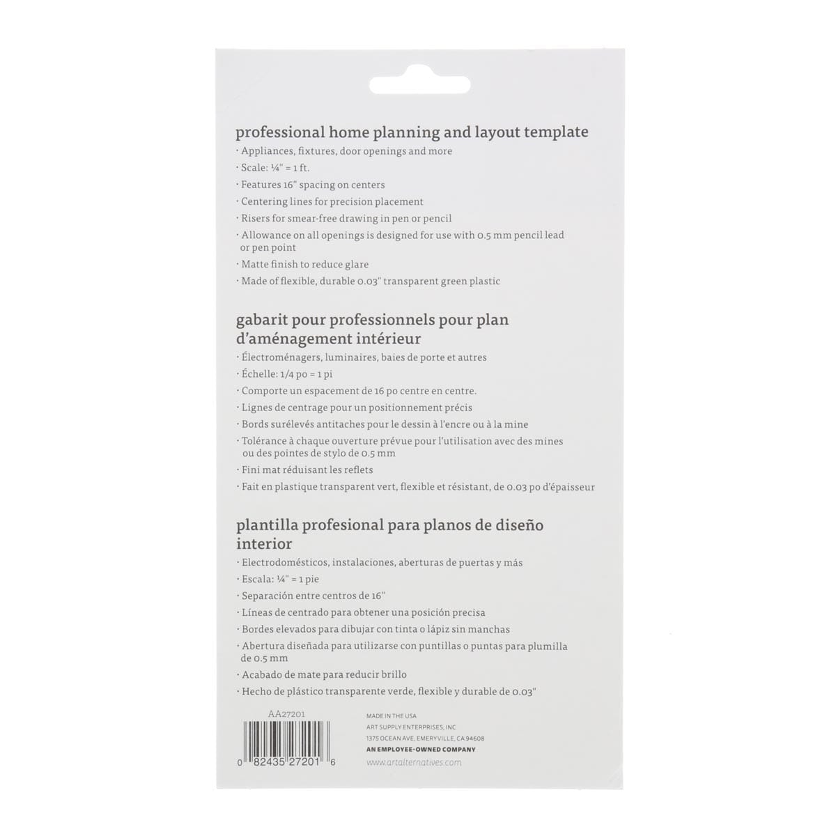 Art Alternatives Drafting Template - Home Layout back of packaging