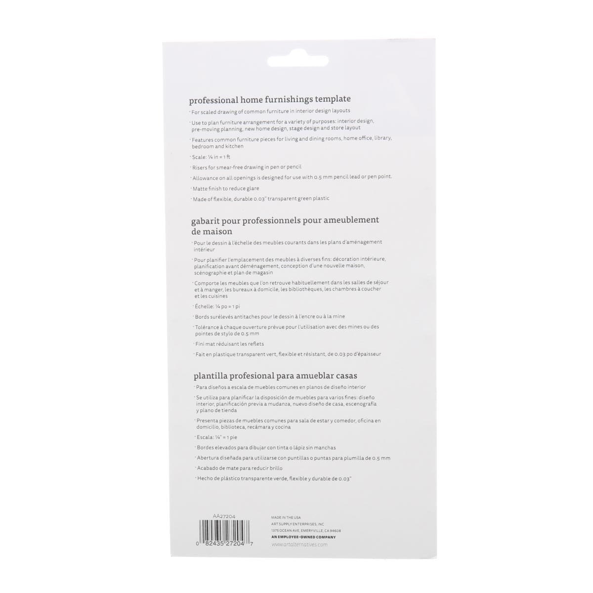 Art Alternatives Drafting Template - Home Furnishings 1/4" back of packaging