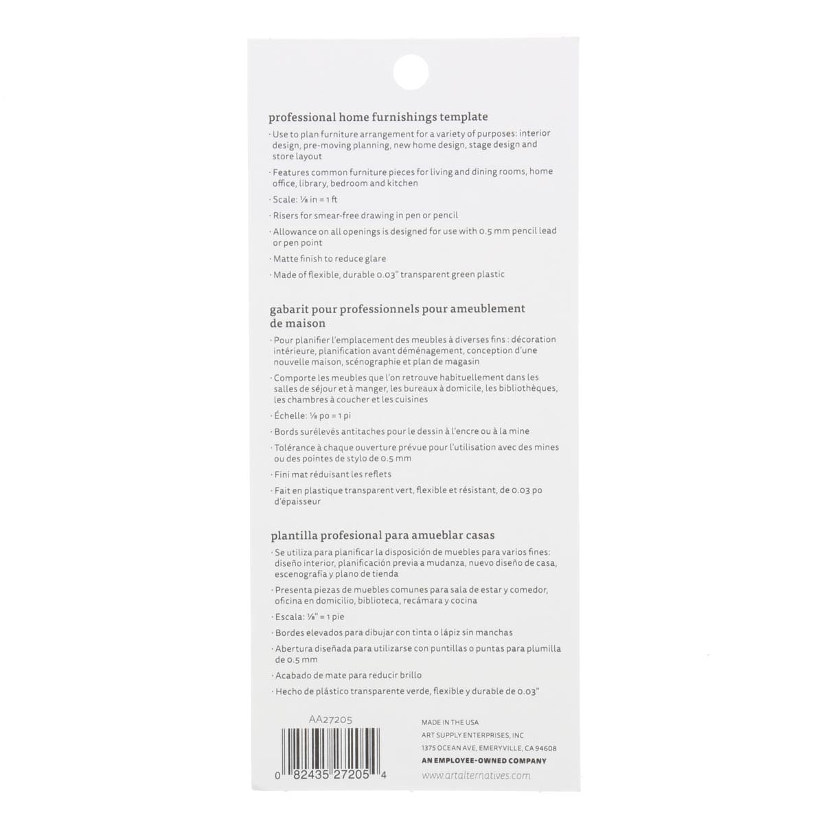 Art Alternatives Drafting Template - Home Furnishings 1/8" back of packaging