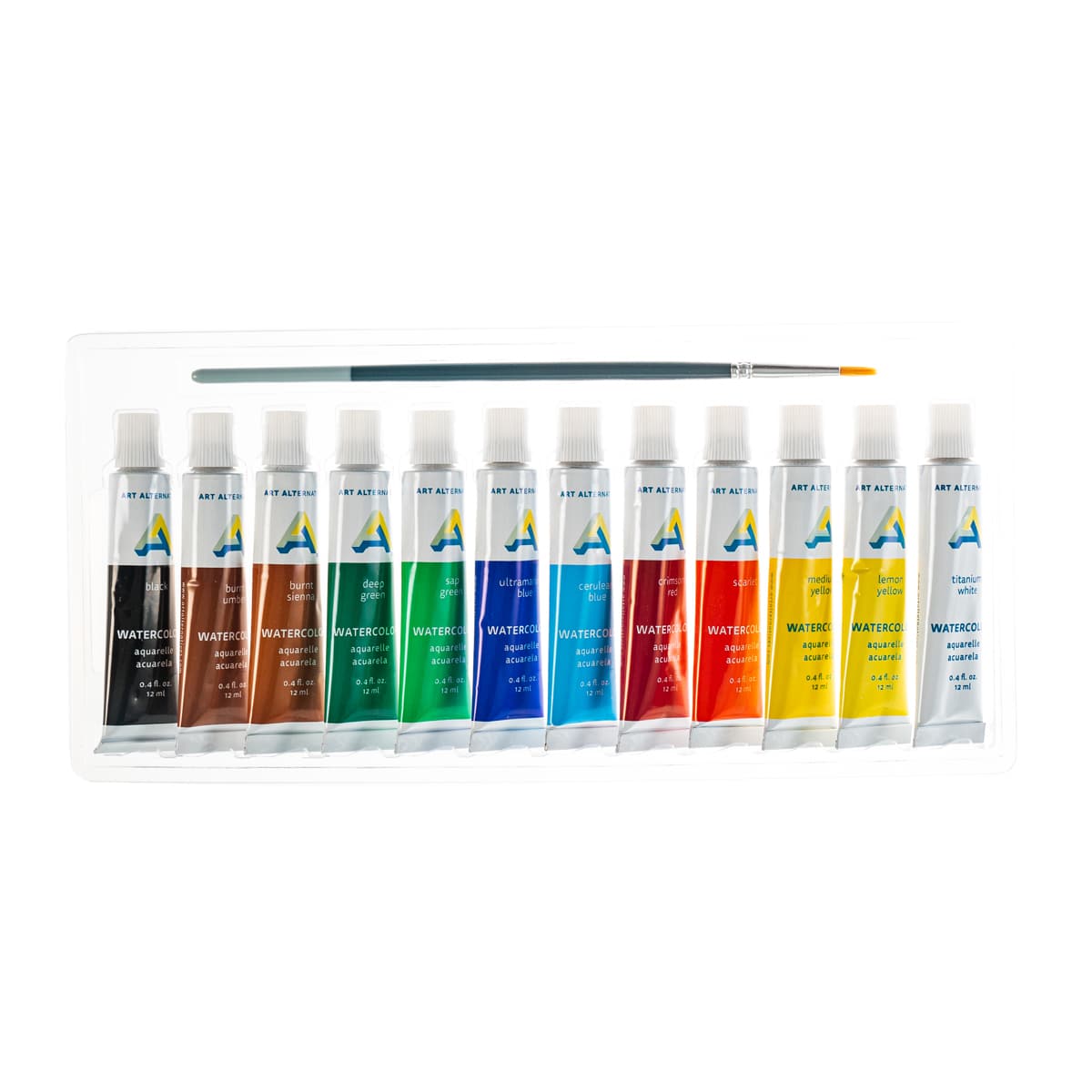 Art Alternatives Economy Watercolor Tubes - Set of 12 with Brush, 12 ml tubes lined up