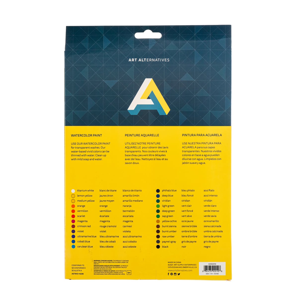 Art Alternatives Economy Watercolor Tubes - Set of 24, 12 ml back of package