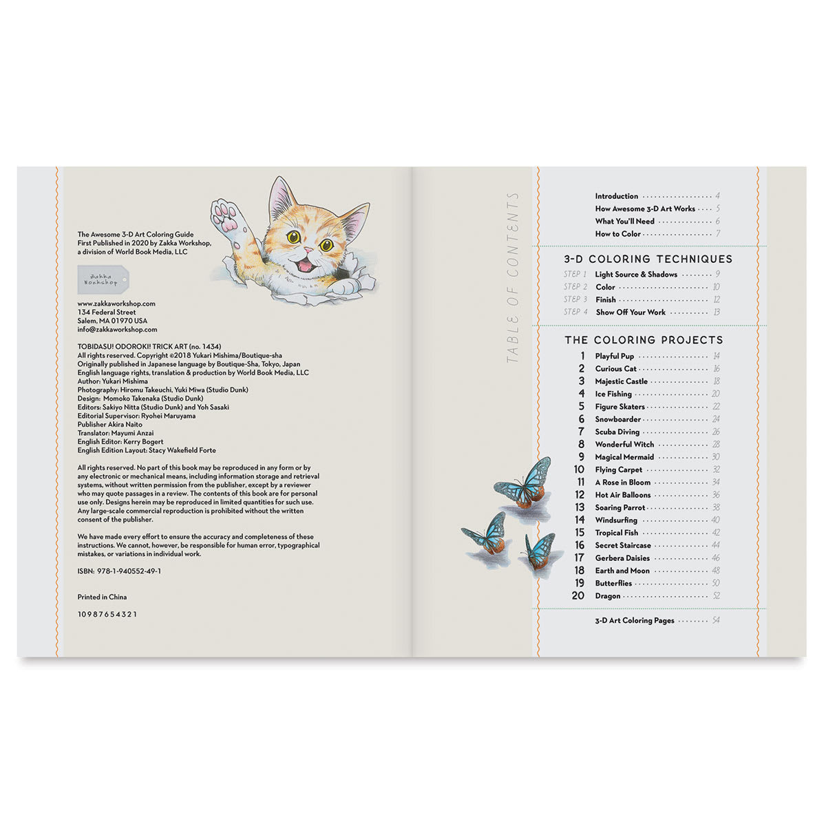 The Awesome 3-D Art Coloring Guide - Spread of Table of Contents