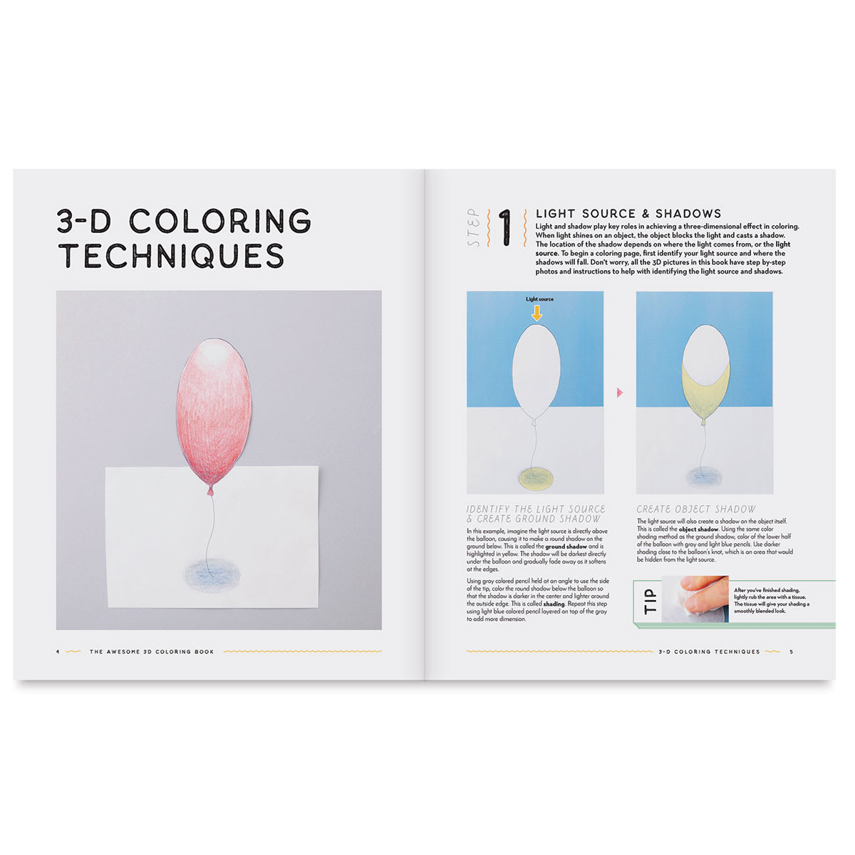 The Awesome 3-D Art Coloring Guide - Spread showing techniques using color