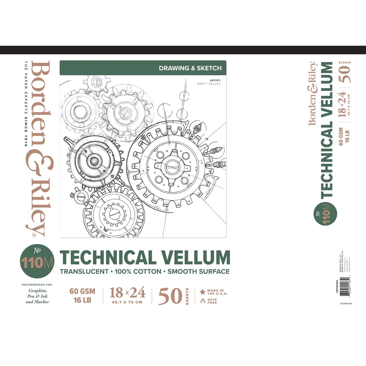 Borden & Riley #110M Technical Vellum Pad, 50 Sheets, 18 in x 24 in