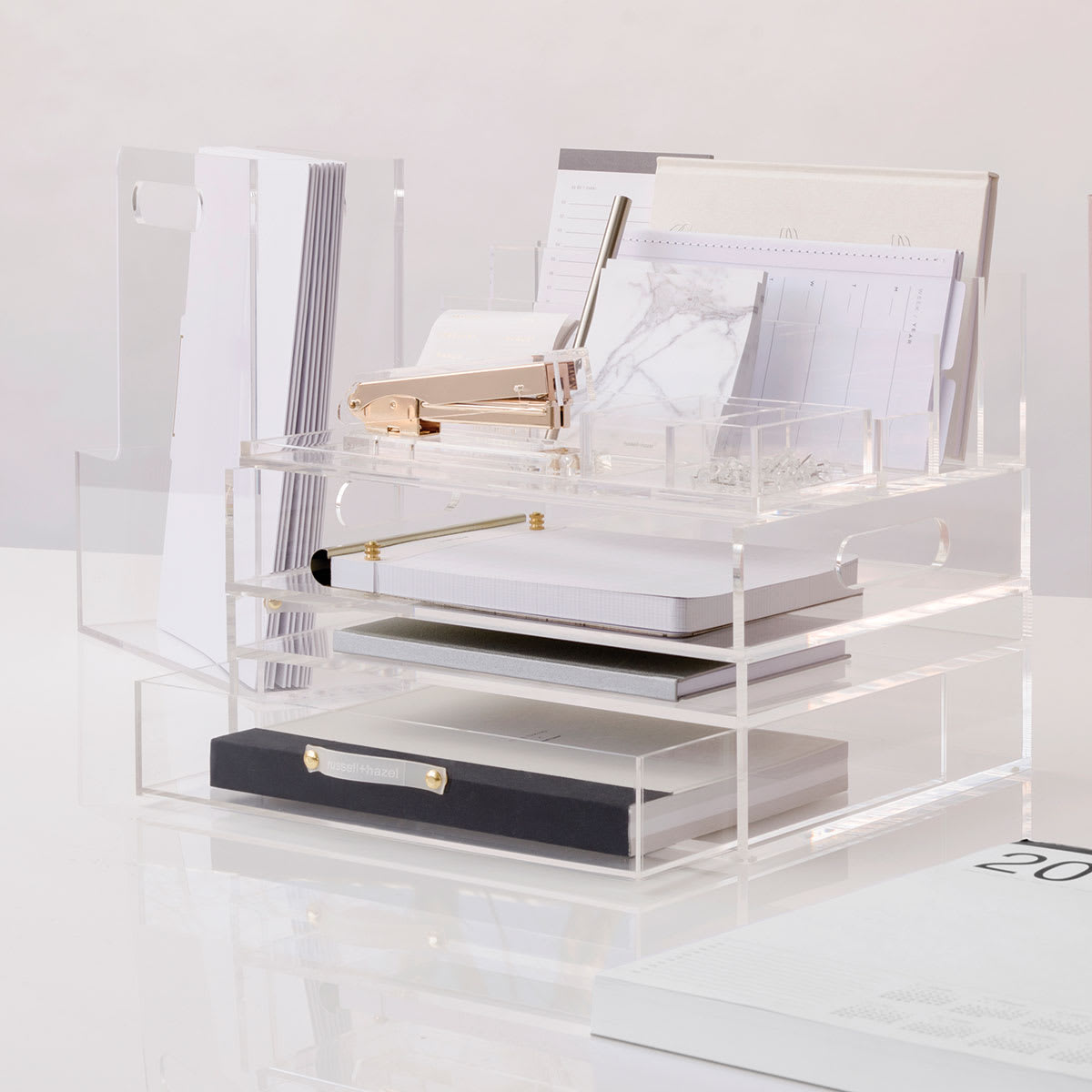 Russell and Hazel Acrylic Desk Accessories (Acrylic Inbox stacked with Inbox and Drawer, Shown with sample accessories)