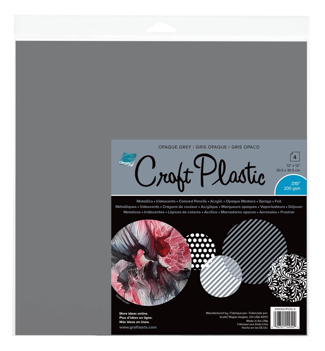 Grafix Craft Plastic, 12 in x 12 in, 25 Shts./Pkg., Opaque Grey