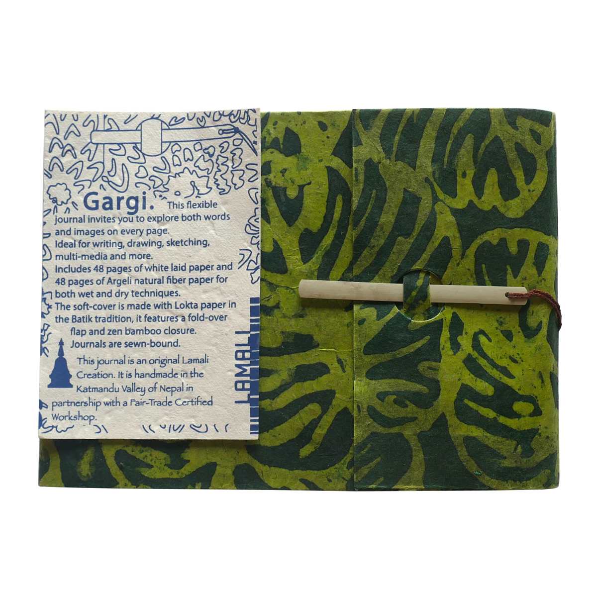 LAMALI Gargi Soft-Cover Handmade Journal, 5.9 in x 8.7 in, 96 Pgs./Bk., Olive Batik